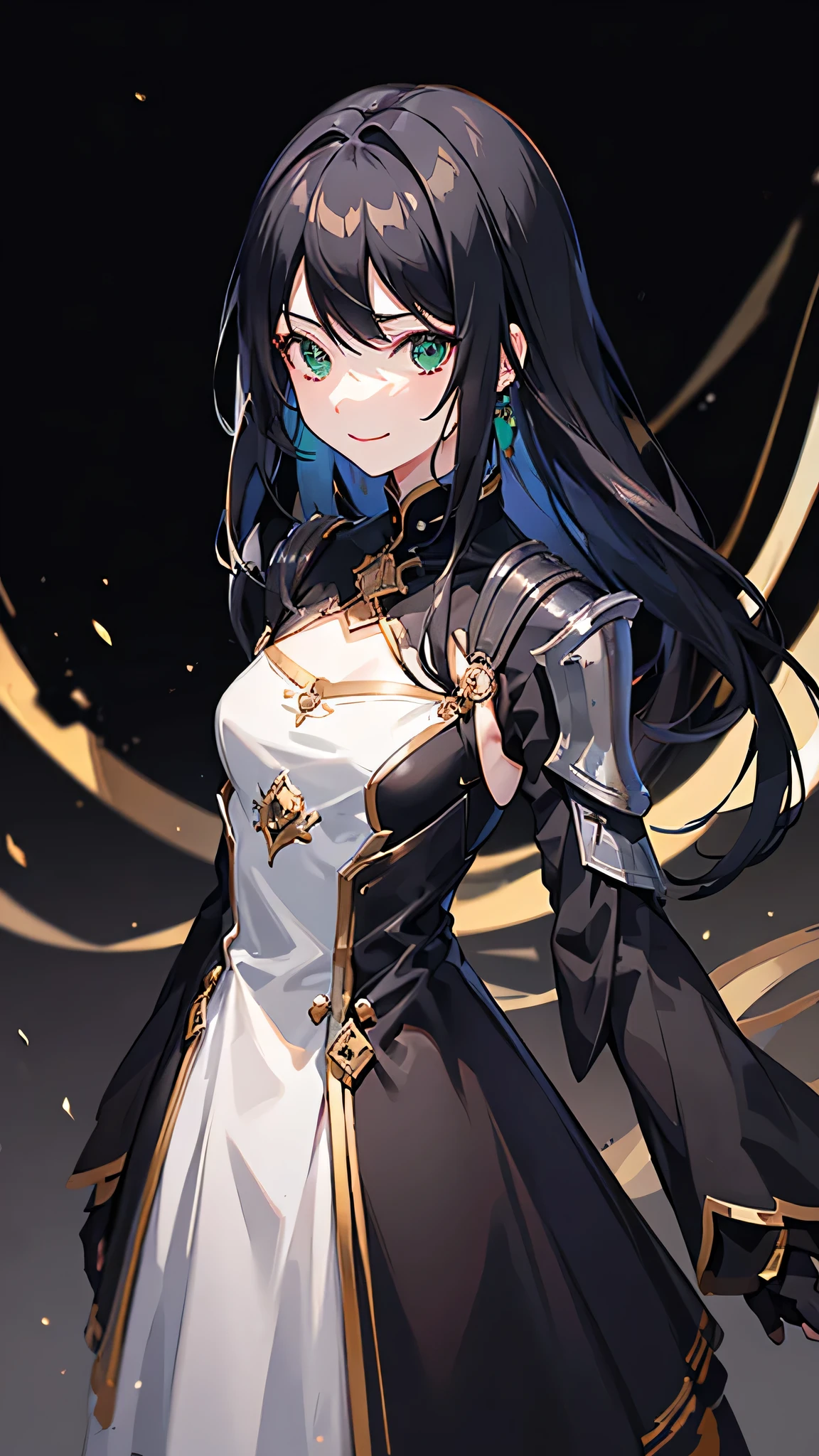 1 of 1 girls, armor, black_hair, Blurred, Blurred_background, Blurred_prospect, chest, green_eye, Closed_mouth, depth_of_Field, Earrings, jewelry, length_hair, Looking_in_Audience, smile, One person in, upper_body