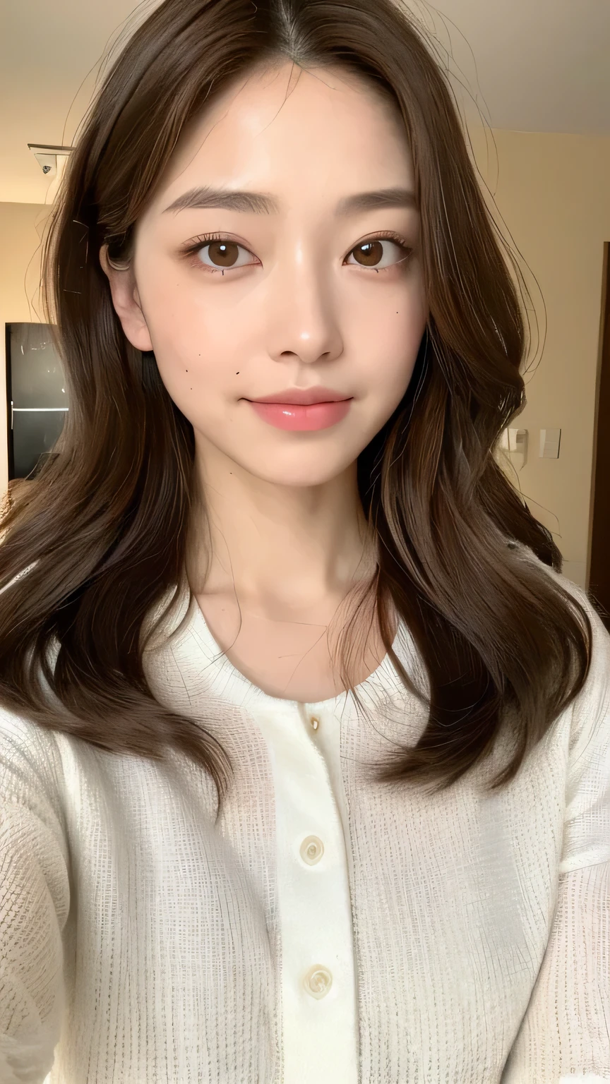 ((highest quality, 8k, masterpiece: 1.3)), 1 female, Japanese Mature,Sensual beauty: 1.3, (Hair style Brown hair Medium wave, big: 1.2), Relaxed loungewear: 1.1, Super slender face, Delicate eyes, double eyelid, Dimples,Mole, Home,relax,smile,Plump body,
