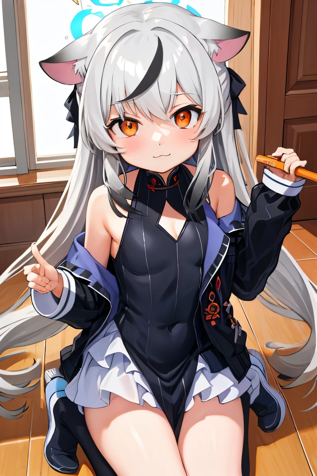 tmasterpiece, best qualtiy, ultra - detailed, 1girll,Gray hair Kokona, inside in room, Orange eye, :3,the face, closeup cleavage, Winter suit, winter wonder
