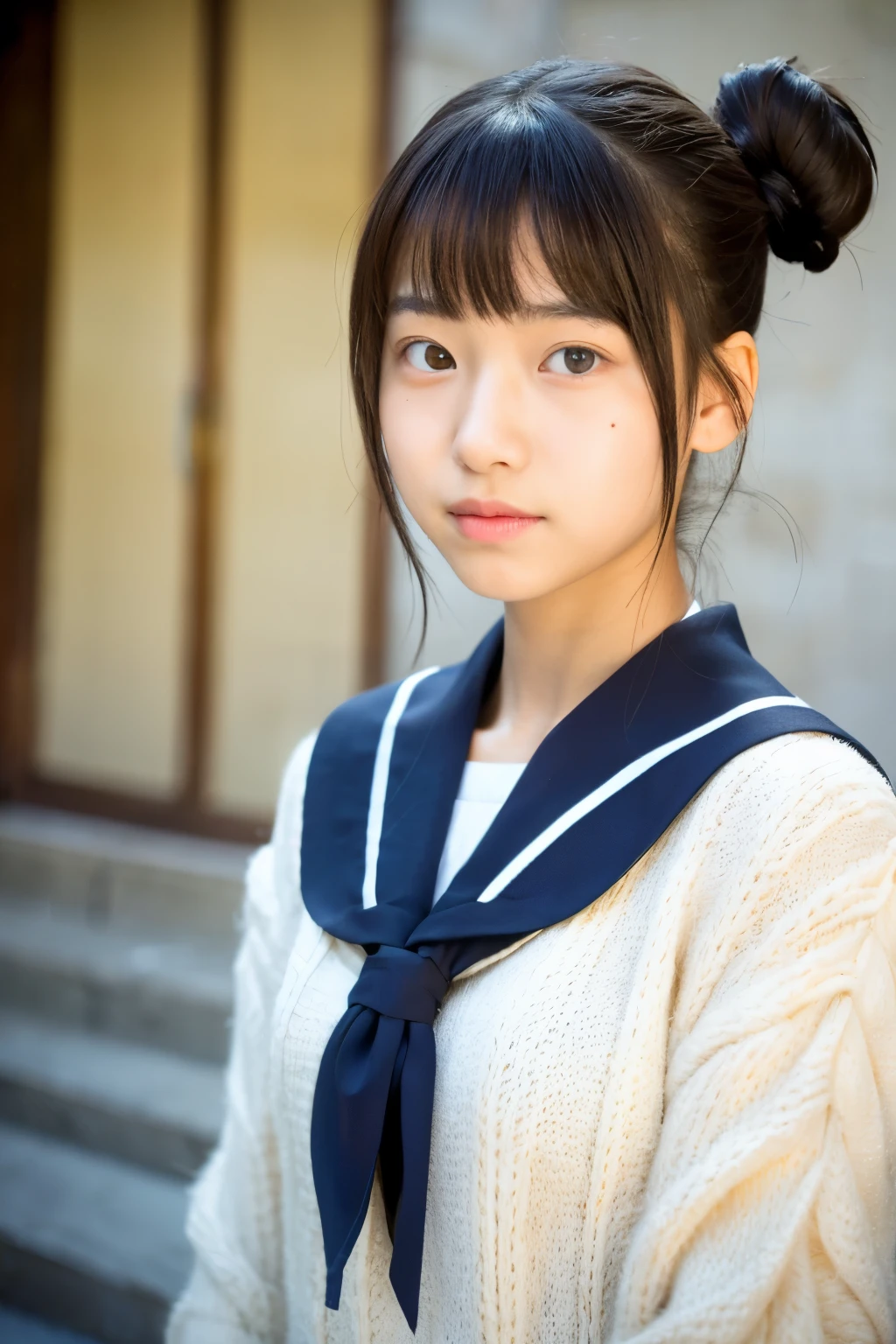 A middle school girl with small eyes, a slightly large chest, and a bun hairstyle
She's wearing a white mask and a uniform. Her breasts are a little big. She's cute with her double peace sign.