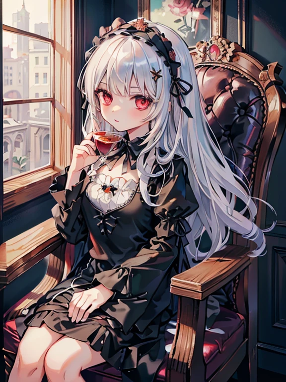 masterpiece, highest quality, Very detailed, 16k, Ultra-high resolution, Cowboy Shot, One 8-year-old girl, Detailed face, Perfect Fingers, sui1, 1girl, solo, suigintou, red eyes, long hair, gothic dress, white hair, flower hair ornament, long sleeves, gothic hairband, ribbon, black dress, Black Wings Western-style building, libraryai, Sit in a luxurious chair, Drinking tea