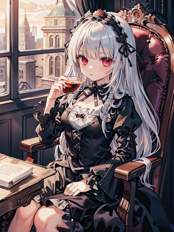 masterpiece, highest quality, Very detailed, 16k, Ultra-high resolution, Cowboy Shot, One , Detailed face, Perfect Fingers, sui1, 1girl, solo, suigintou, red eyes, long hair, gothic dress, white hair, flower hair ornament, long sleeves, gothic hairband, ribbon, black dress, Black Wings Western-style building, libraryai, Sit in a luxurious chair, Drinking tea