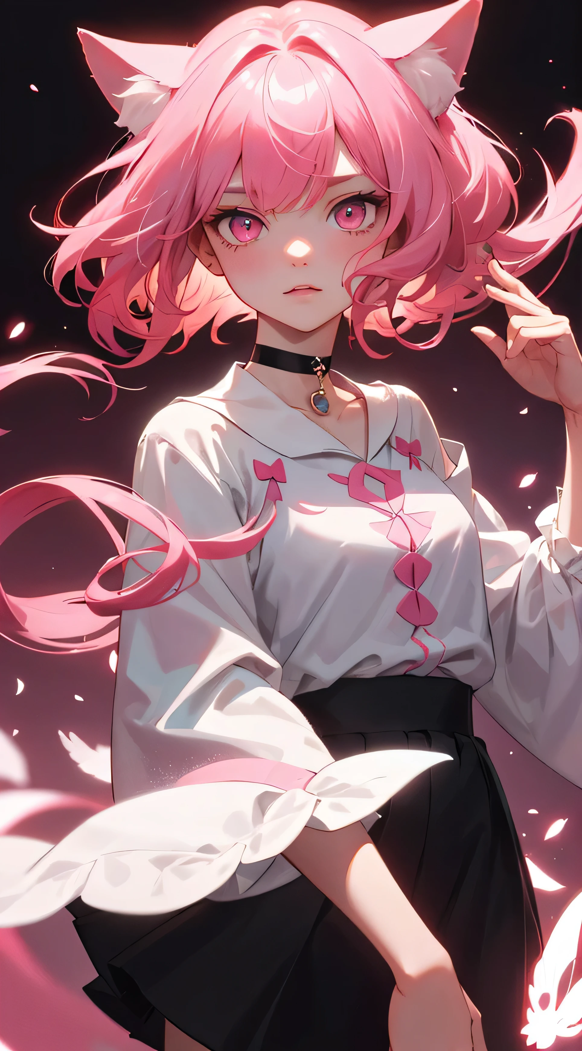 a handsome female，delicate facial features，long pink hair，pink cat ears，pink eyes，White top with sleeves,Choker, blackskirt,Sakura，K HD，higly detailed，hiquality，Good atmosphere，Delicatessen，CG рендеринг，Detailed rendering，（Subtle facial image）（Image of fine hair）（topquality）（Masterpieces of masters）（High degree of completeness）（A sense of atmosphere）