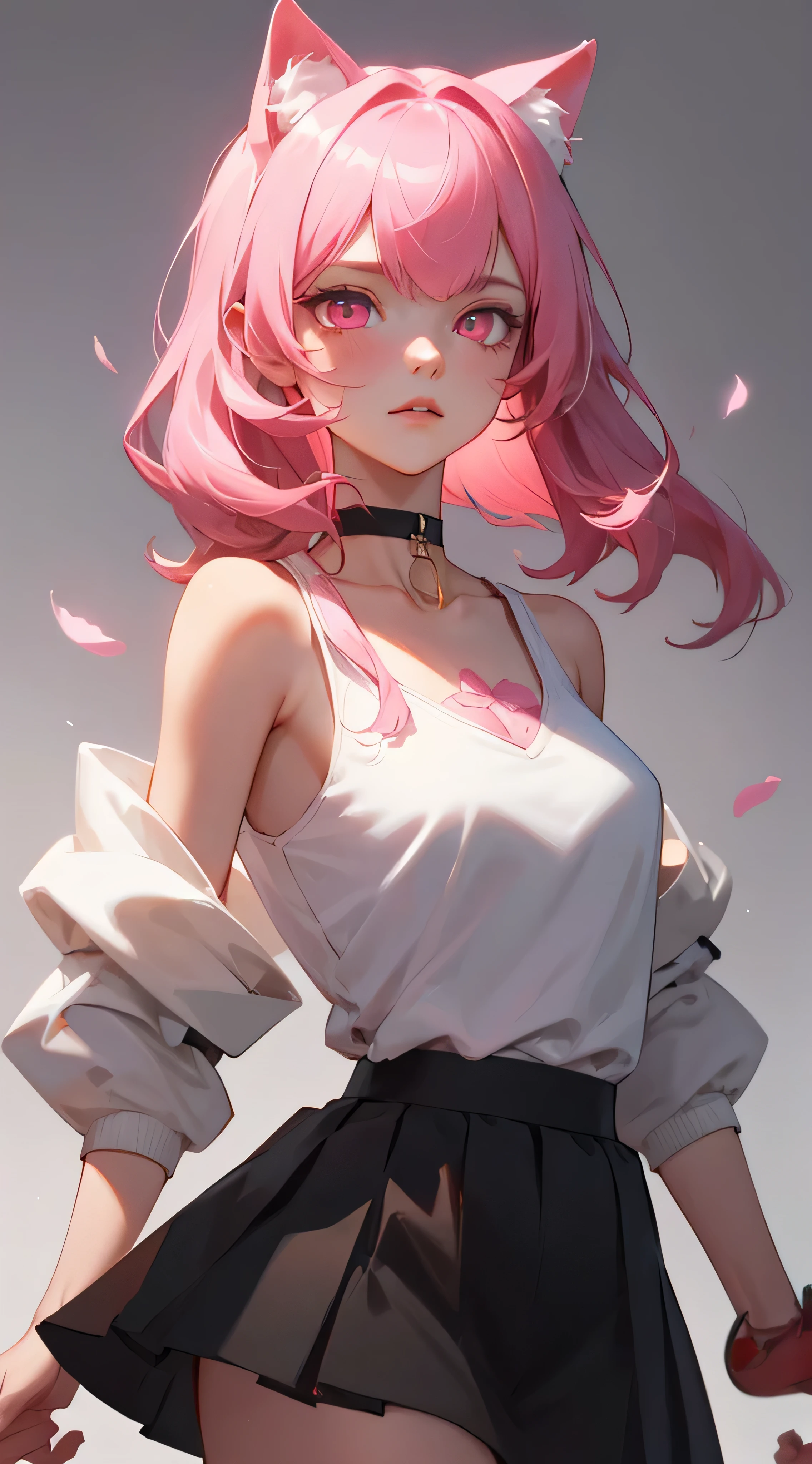 a handsome female，delicate facial features，long pink hair，pink cat ears，pink eyes，White top with sleeves,Choker, blackskirt,Sakura，K HD，higly detailed，hiquality，Good atmosphere，Delicatessen，CG рендеринг，Detailed rendering，（Subtle facial image）（Image of fine hair）（topquality）（Masterpieces of masters）（High degree of completeness）（A sense of atmosphere）