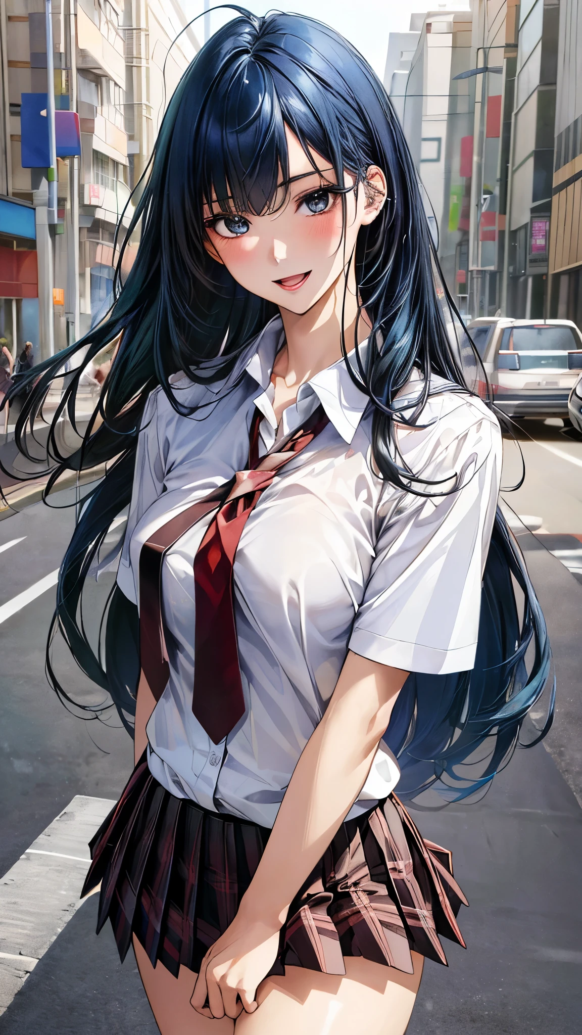 (masterpiece:1.3, top-quality, ultra high res, ultra detailed), (realistic, photorealistic:1.4), beautiful illustration, perfect lighting, natural lighting, colorful, depth of fields, , 
beautiful detailed hair, beautiful detailed face, beautiful detailed eyes, beautiful clavicle, beautiful body, beautiful chest, beautiful thigh, beautiful legs, beautiful fingers, shiny skin, 
looking at viewer, 1 girl, japanese, high school girl, (perfect anatomy, anatomically correct, super detailed skin), cute and symmetrical face, babyface, perfect face, perfect eyes, 
(long hair, straight hair, sidelocks, blue hair), bangs, dark blue eyes, long eyelashes, (medium breasts, seductive thighs), slender, outstanding style, 
((detailed cloth texture, short sleeve white collared shirt, over plaid green pleated skirt, dark red tie), white socks, black loafer), 
(beautiful scenery), evening, summer, (sidewalk, traffic light, grassy), standing, hand on chest, (lovely smile, open mouth), 