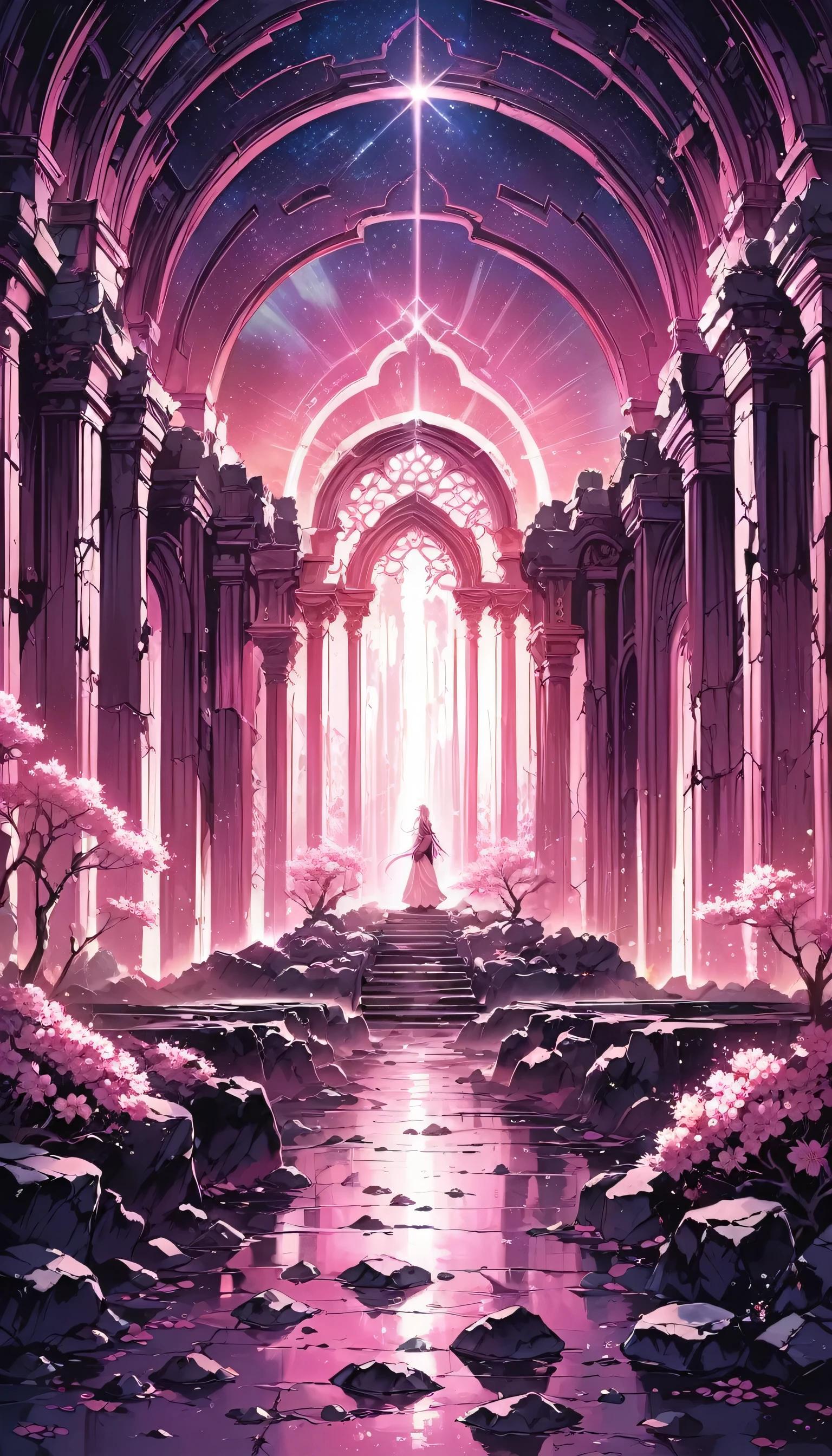 Amazing pink tree on the rocks on the beach, A realistic depiction style of light, aisle, Art inspired by faith, ruins, Light-filled scene, immersive environments, Floral and natural motifs --ar 14:25  