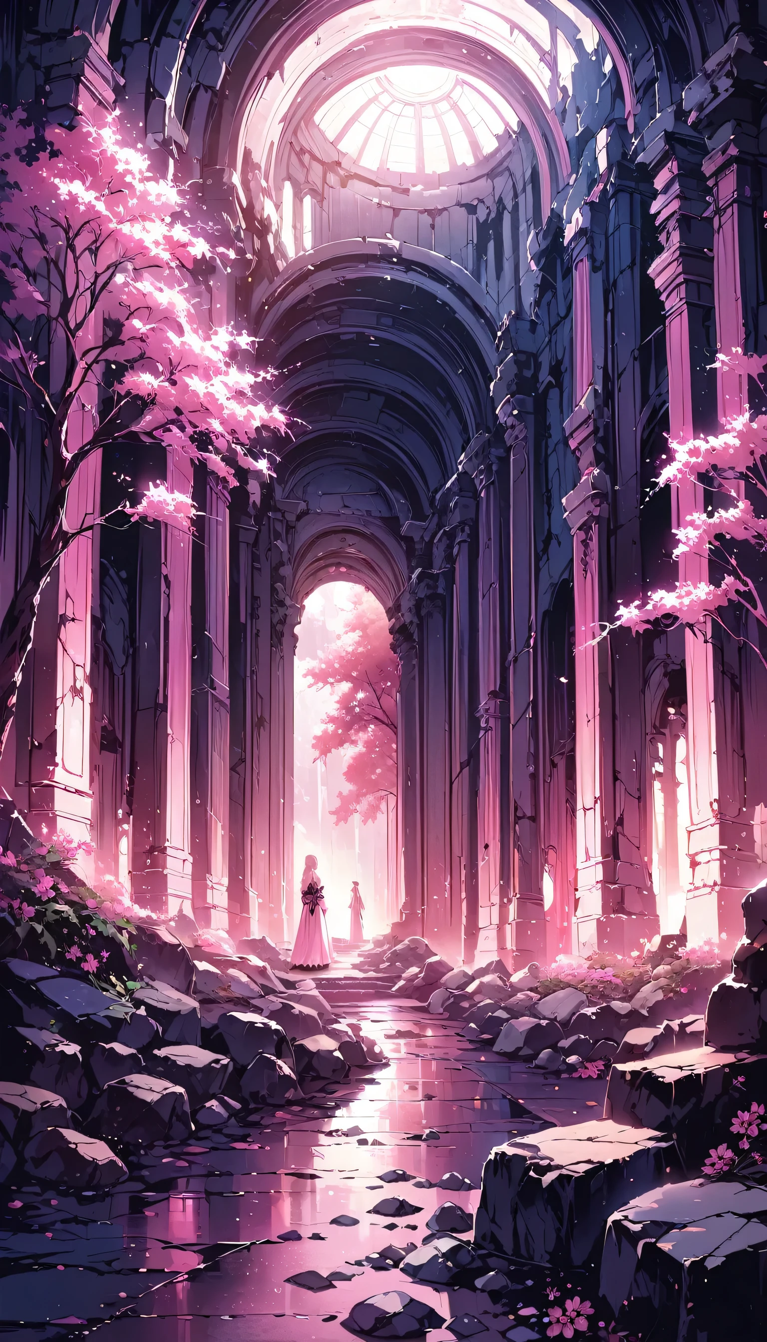 Amazing pink tree on the rocks on the beach, A realistic depiction style of light, aisle, Art inspired by faith, ruins, Light-filled scene, immersive environments, Floral and natural motifs --ar 14:25  