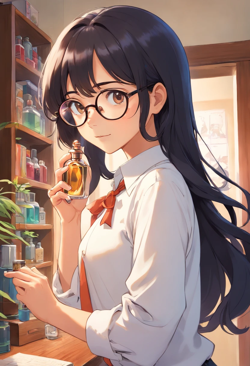 Young lady, wavy black hair, round glasses, tan skin, wear opened white shirt, spraying perfume to his neck, while prepare to leaving his office.