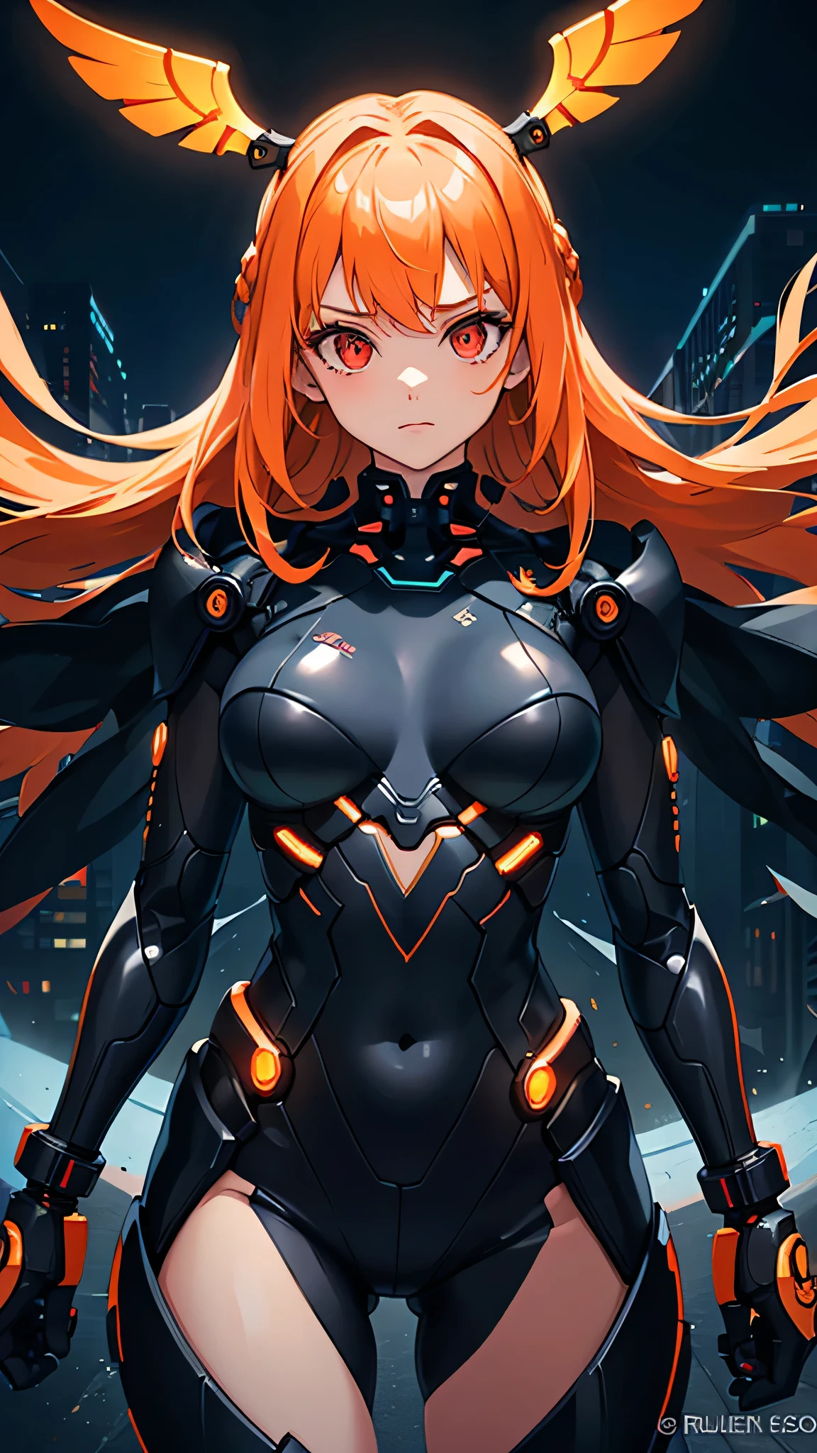 (SFW), Intricate details, One girl, night, (Bright neon colors), ((Flying over a futuristic cyberpunk city)), Detailed Background, (Petite cyborg girl, ((Cute perfect face, Bright red eyes)), (Perfect Anatomy,  and firm breasts), (Extremely long orange and white gradient hair, Hair blowing in the wind)), Detailed ribbed impossible bodysuit, Pauldrons, Cybernetic limbs, Dynamic Angle,