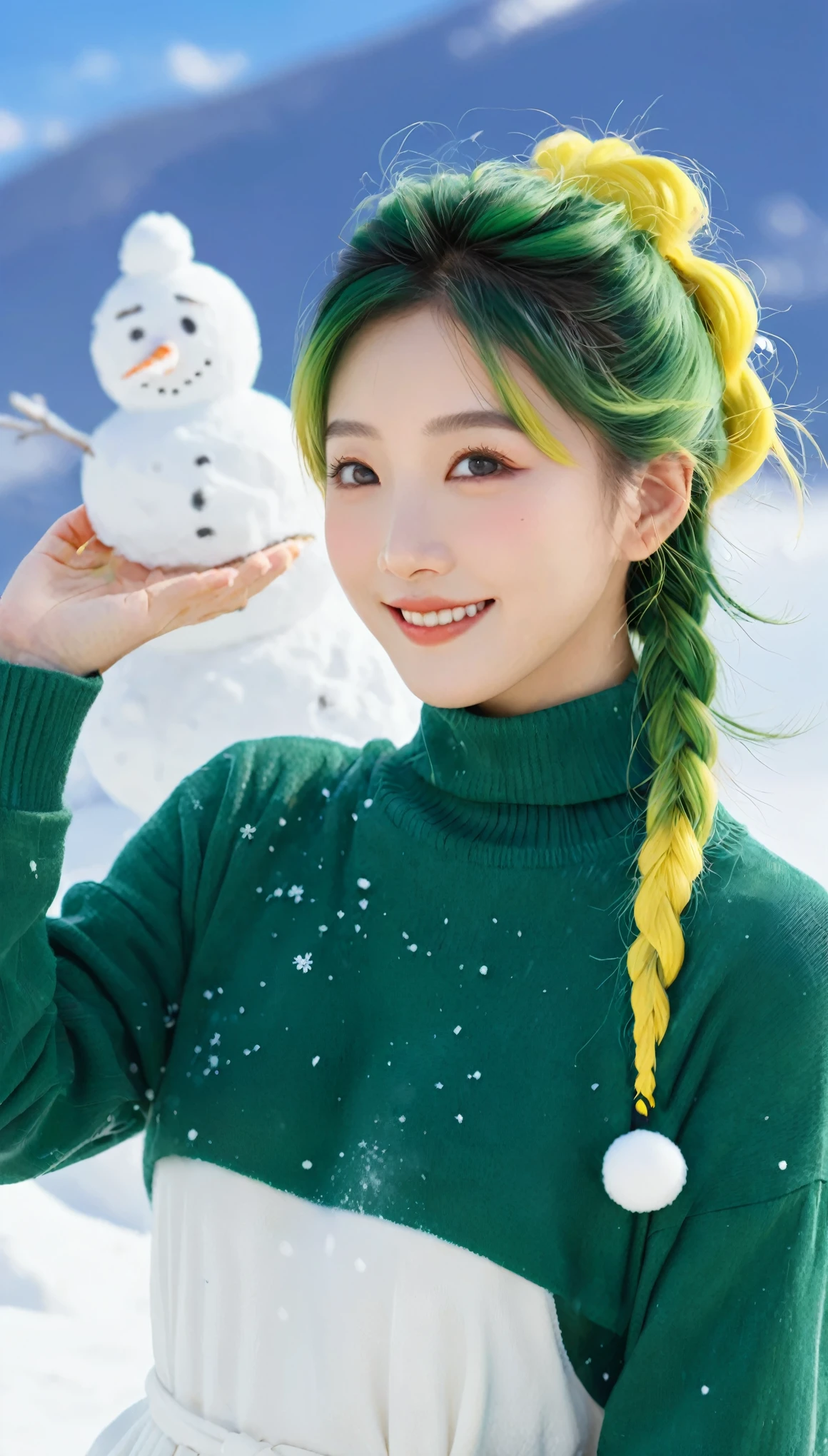 _Model shooting style, banchan is happily making a snowman with olive eyes, Single house background, Snow mountain background, snow, (Banchan green hair:0.8), (Banchan yellow hair:0.7), (banchan ombre hair:0.4),  (Focus on Panchen Lama: 0.8), Zoom lens shooting, Studio Ghibli, (((masterpiece))), (((best quality))), (Extremely detailed CG unity 8k wallpaper)