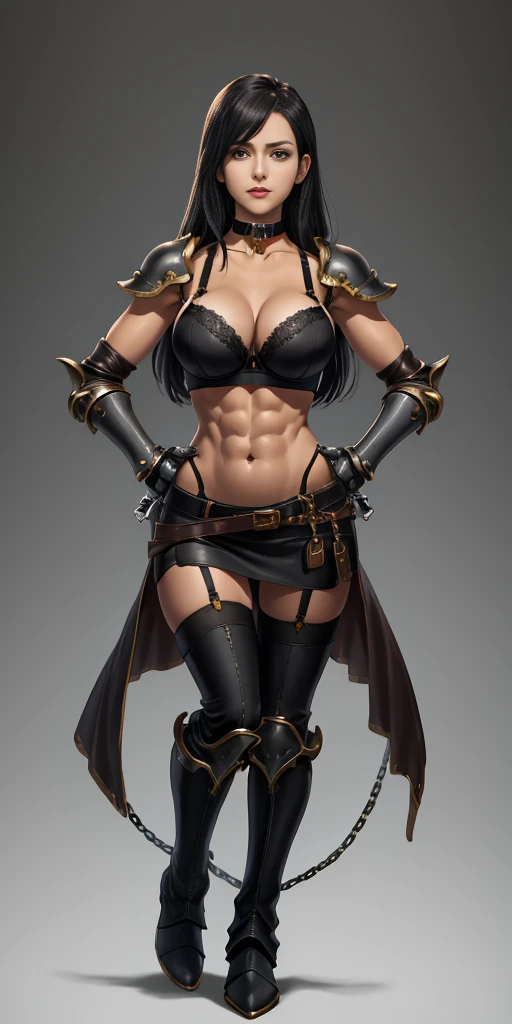 (Plain background) Female full body standing straight symmetrical looking to the viewer RED full body armored (handcuffs, shackles, rerebrace, faulds, poleyn, gauntlets, leather collar choker, gloves, gauntlets, high boots bootstraps, black stockings) 2 crossing big belt under belly button, navel, abs, garter straps belts attaching bra big knockers ((hands on hips)) view from below, wide hips