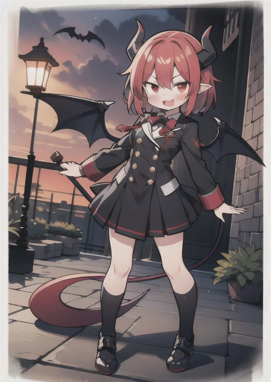 8K,  1girl, petit, adult. kawaii vampire, crimson hair, short hair, red eyes, fang, bat wings, smile, (blush), (shy), pointed ears, devil tail, looking at viewer,  dynamic angle, wind, game cg, fantastic scenery, demon tail, thin tail, black horns, medium breast, show full body, class uniform, red panda pet  