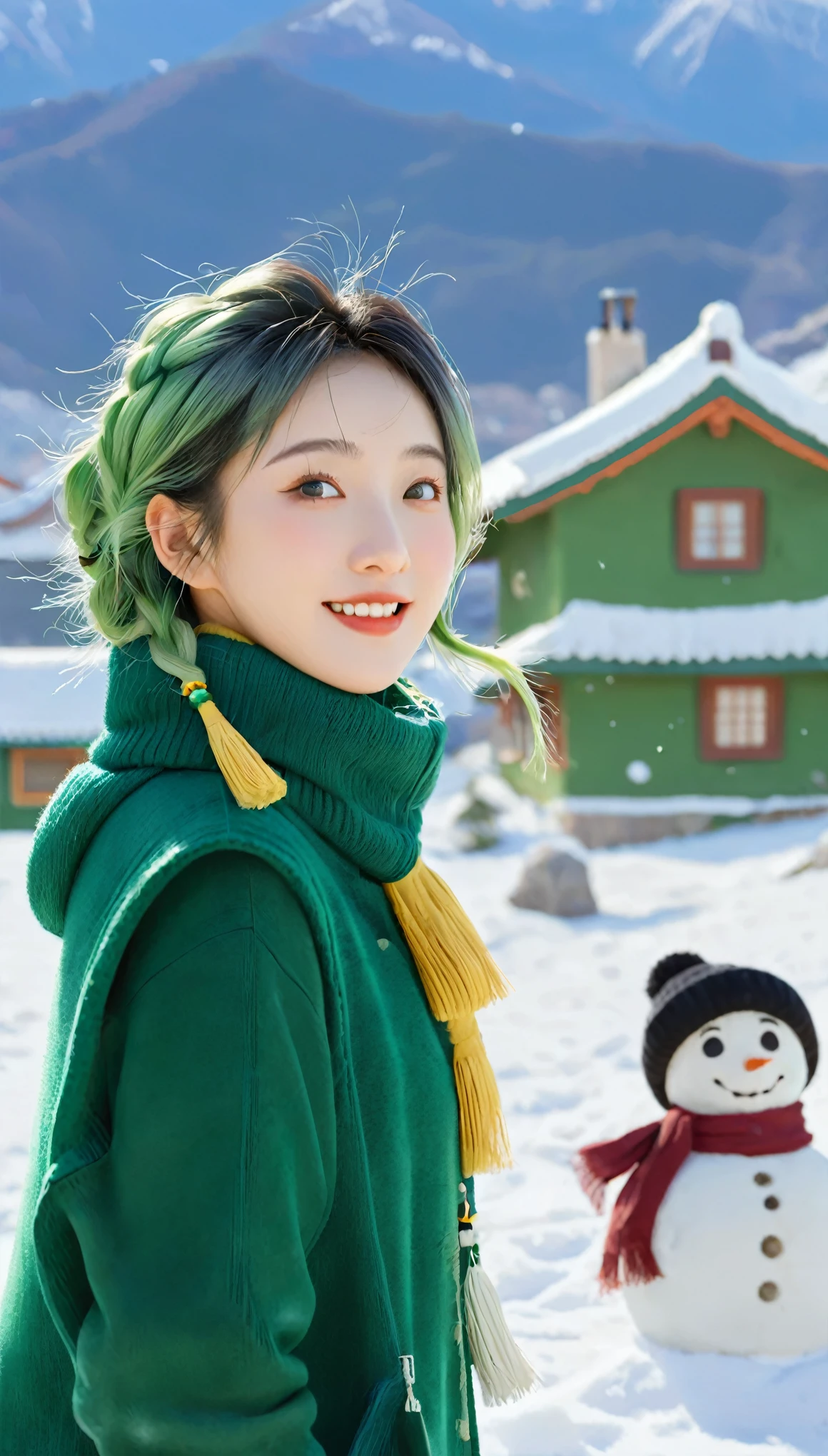 _Model shooting style, banchan is happily making a snowman with olive eyes, Single house background, Snow mountain background, snow, (Banchan green hair:0.8), (Banchan yellow hair:0.7), (banchan ombre hair:0.4), (Focus on Panchen Lama: 0.8), Zoom lens shooting, Studio Ghibli, (((masterpiece))), (((best quality))), (Extremely detailed CG unity 8k wallpaper)