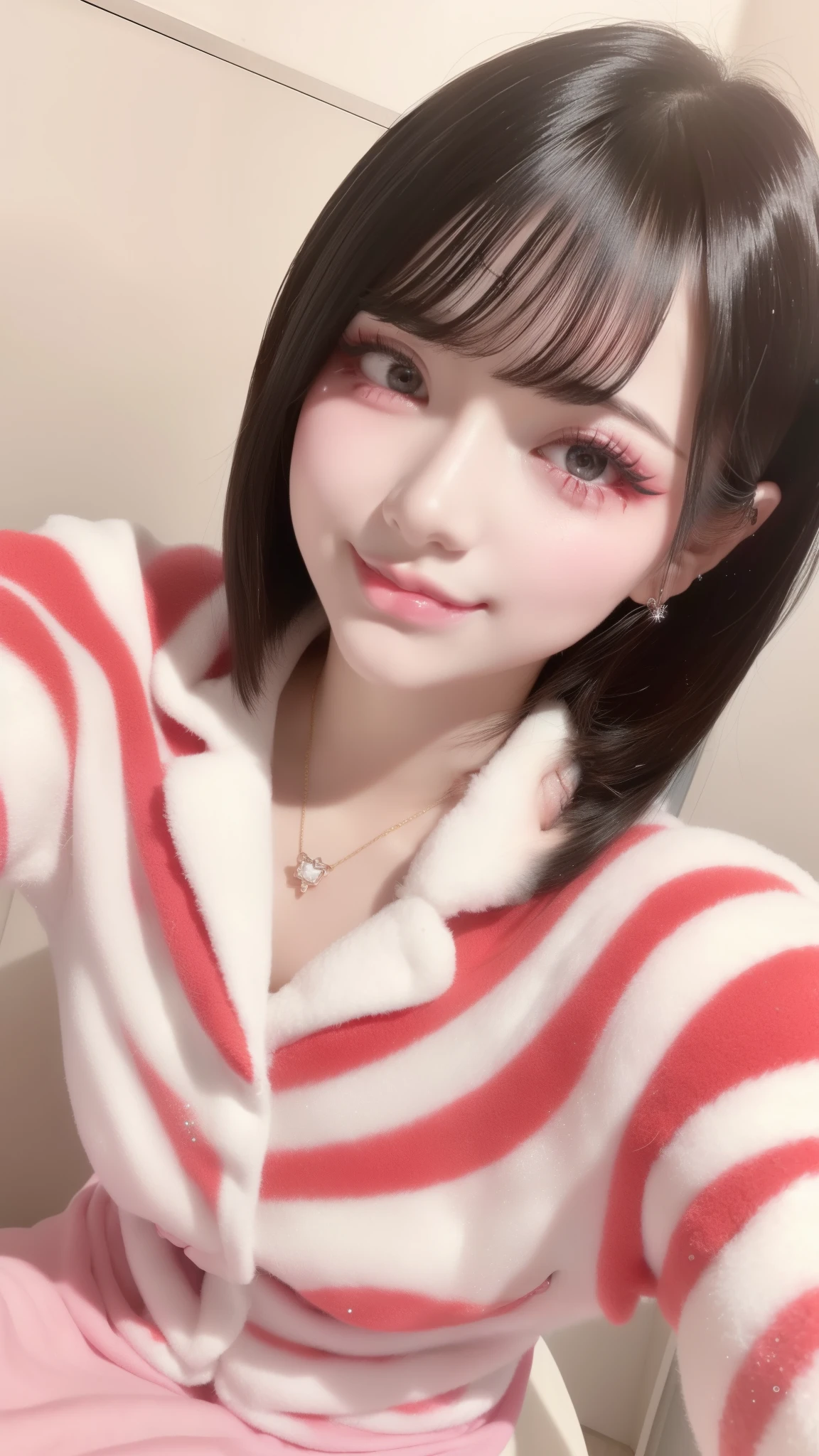 (Super big boobs), (((Safe and secure、safety sensor、Absolutely safe、safety)))、17 years old、Girl in her late teens、(((pov:1.3))), (JAV title、JAV:1.2, JAV porn cover type :1.8, Porn Cover Type)、
(masterpiece, highest quality, highest quality, Official Art, beautifully、beautiful:1.2, Cinema Lighting、Key light at 45 degrees from the front, Auxiliary Light、Soft Backlight), (accurate to the human body、Correct five-finger、The perfect human body、Knowledgeable person、Highly detailed face and skin texture、Natural neck length、beautiful Hands、beautiful, length, Thin legs、The perfect human body、Accurate human body、A perfect and accurate left hand、A perfect and accurate right hand、Perfect and precise fingers)、Detailed Background、Background Blur、Detailed and beautiful background、
Beautiful, shiny, straight hair、(Oily skin:1.3、Radiant clean skin、Beautiful skin), Perfect round ass、the body is スリム、Pale skin、Shiny, Brighten your eyes with colored contact lenses、Long and lush eyelashes、Big cleavage、(Lip gloss), Absolute area、Bold Pose、sexy、(Sensual, Enthusiastic, Cute smile:1.5),
((Jirai Type Makeup:1.3, jirai type girl), Sparkling under-eye bags、Red eyeliner、Sparkly Makeup、Red glitter eye makeup:1.3)),
(((All of these pajamas are made from super soft fleece material:1.8, Pajama dress type、Thick white horizontal stripes))),
A room with a living feel、Disturbed room、Messy bed、Dark bedroom、Love Hotel、indoor、moonlit room、Dark Room、dim、A cozy apartment room、Messy room、Messy bed、(night:1.3)