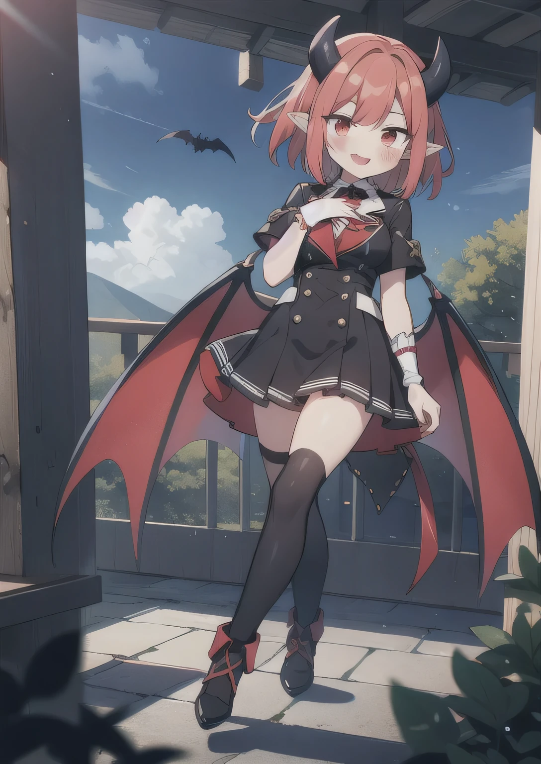 8K, 1girl, petit, adult. kawaii vampire, crimson hair, short hair, red eyes, fang, bat wings, smile, (blush), (shy), pointed ears, devil tail, looking at viewer, dynamic angle, wind, game cg, fantastic scenery, demon tail, thin tail, black horns, medium breast, show full body, class uniform, red panda pet