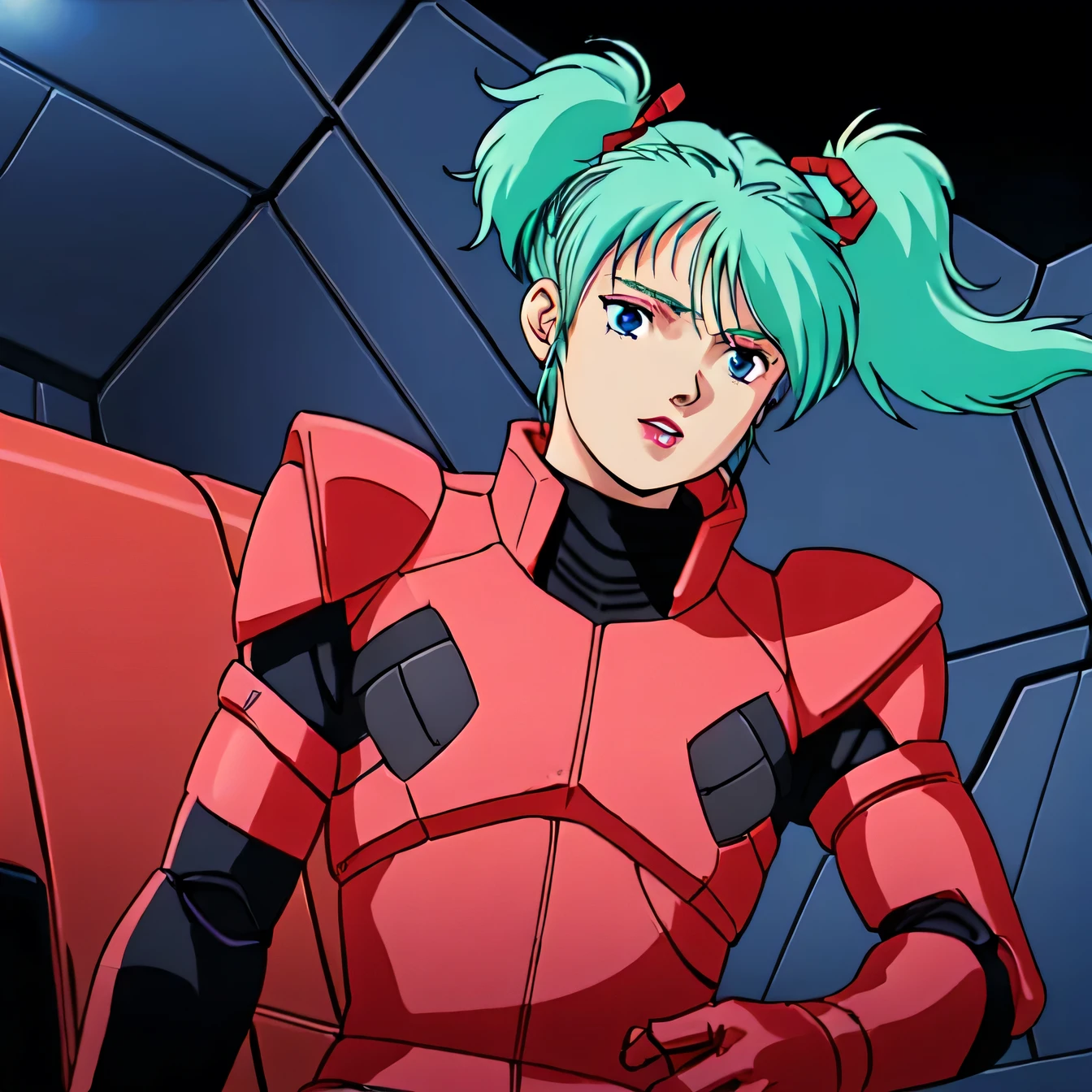 masterpiece,high quality,alone, Kespalaya,One girl, Long Hair,Short Twin Tails,Hair Ribbon,Aqua Hair,blue eyes,lipstick, Pilot Suit, gloves, cockpit,space,

