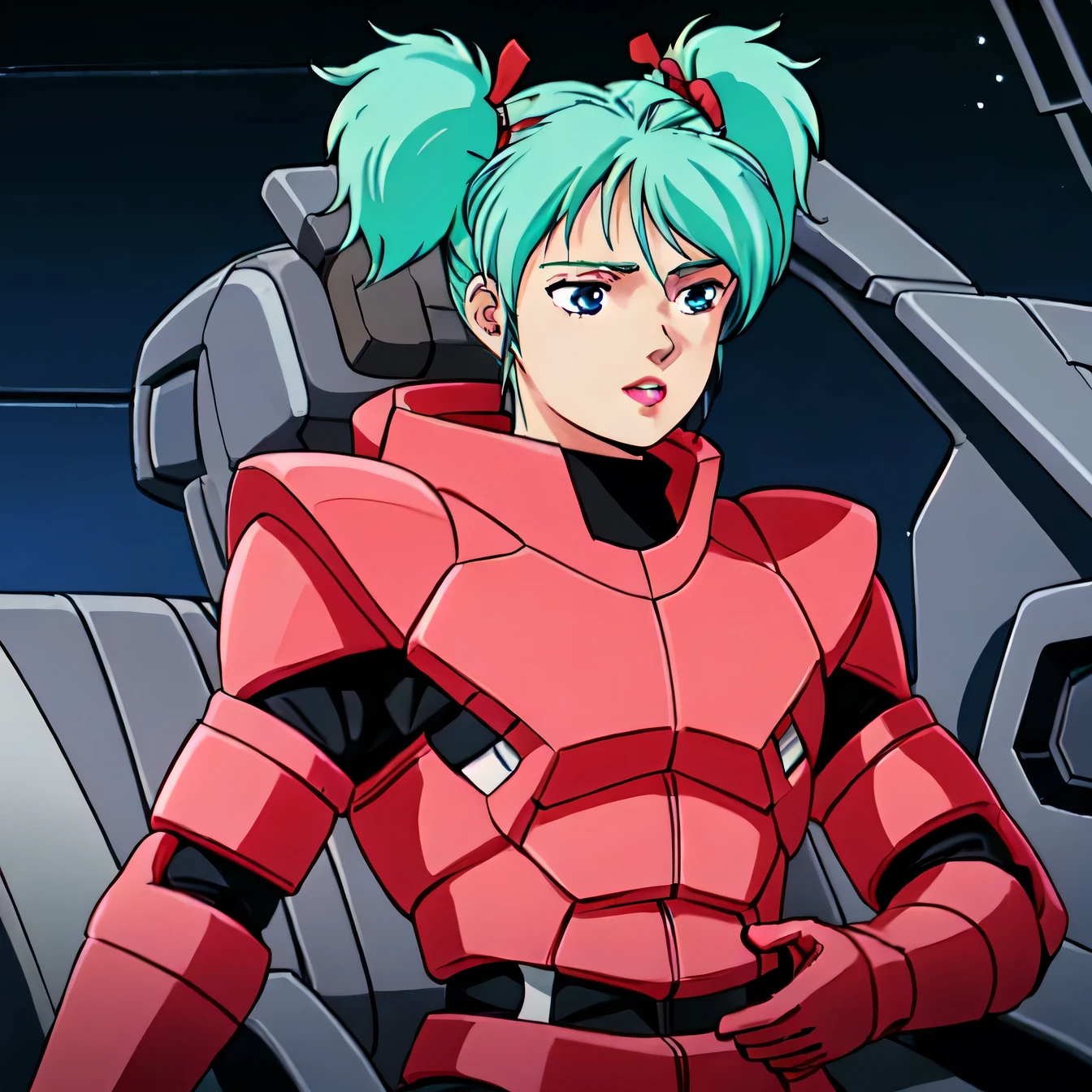 masterpiece,high quality,alone, Kespalaya,One girl, Long Hair,Short Twin Tails,Hair Ribbon,Aqua Hair,blue eyes,lipstick, Pilot Suit, gloves, cockpit,space,