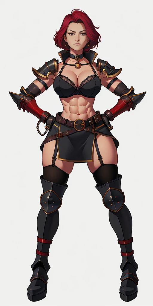 (Plain background) Female full body standing straight symmetrical looking to the viewer RED full body armored (handcuffs, shackles, rerebrace, faulds, poleyn, gauntlets, leather collar choker, gloves, gauntlets, high boots bootstraps, black stockings) 2 crossing big belt under belly button, navel, abs, garter straps belts attaching bra big knockers ((hands on hips)) view from below, wide hips