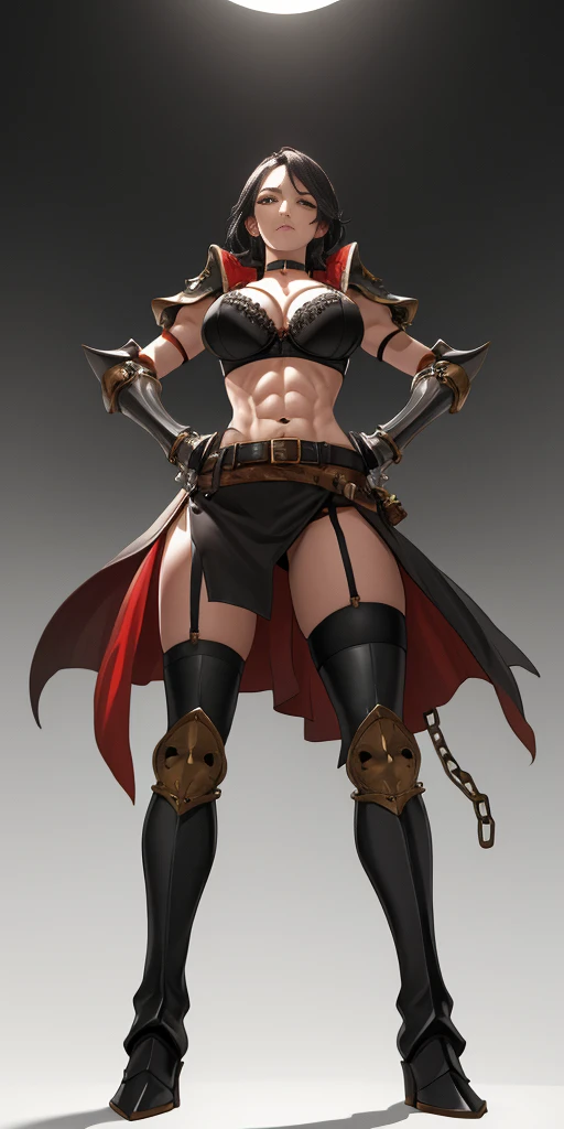(Plain background) Female full body standing straight symmetrical looking to the viewer RED full body armored (handcuffs, shackles, rerebrace, faulds, poleyn, gauntlets, leather collar choker, gloves, gauntlets, high boots bootstraps, black stockings) 2 crossing big belt under belly button, navel, abs, garter straps belts attaching bra big knockers ((hands on hips)) view from below, wide hips