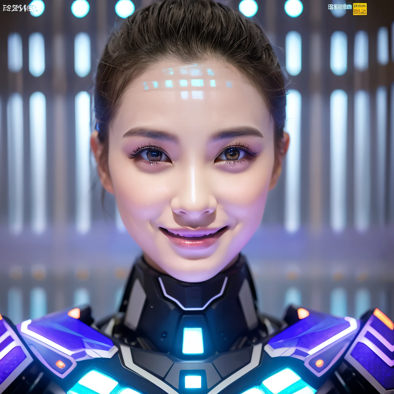 Image of a female robot whose skin is decorated with a light-colored hexagonal honeycomb pattern, Glowing with the fantastic light of dielectric barrier discharge、Honeycomb emits a mesmerizing spectrum of blues and purples。, (Face close-up:1.3, View diagonally:1.1), smile