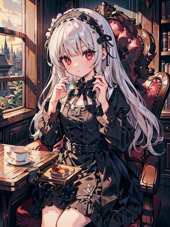 masterpiece, highest quality, Very detailed, 16k, Ultra-high resolution, Cowboy Shot, One -yeld gi Detailed face, Perfect Fingers, sui1, suigintou, red eyes, long hair, gothic dress, white hair, flower hair ornament, long sleeves, gothic hairband, ribbon, black dress, Black Wings Western-style building, libraryai, Sit in a luxurious chair, Drinking tea