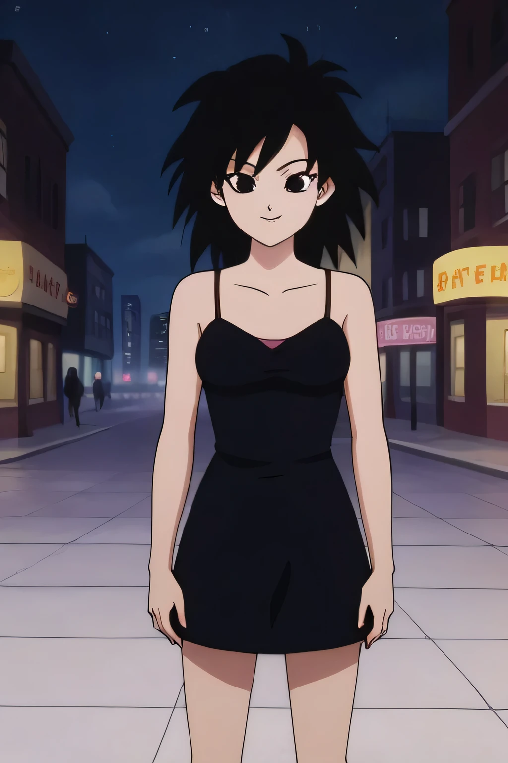 source_anime, score_9,score_8_up, score_7_up,  ginedb, anime screencap, 
1girl, solo, looking at viewer, smile, medium breasts, black hair, city, bare shoulders, medium breasts, smile, standing, cowboy shot, medium hair, black eyes, spiked hair, eyelashes, masterpiece, best quality, very aesthetic, absurdres, taut dress, spaghetti strap, black dress, sleeveless, night, street, standing, cowboy shot,
 