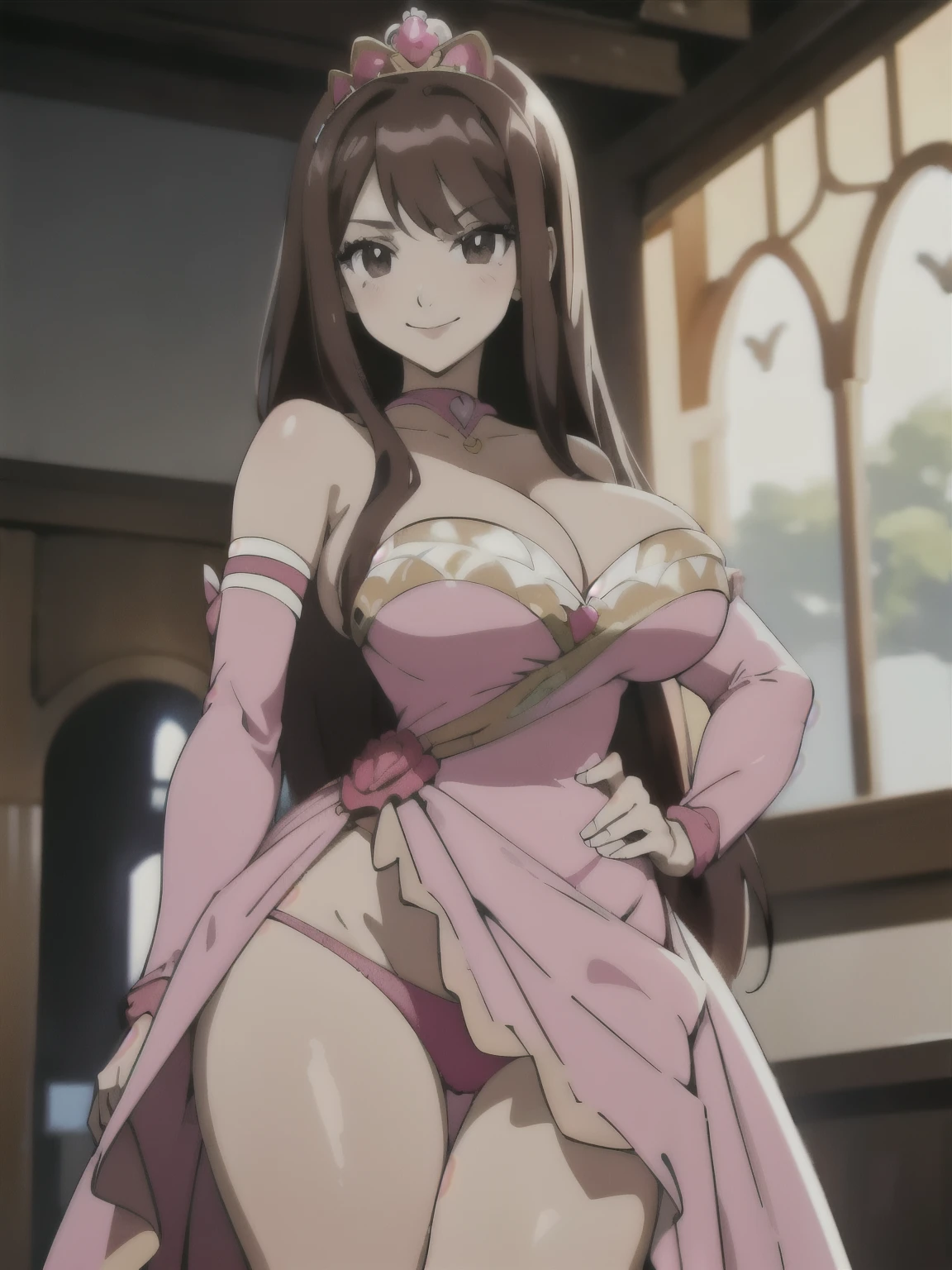 woman, long brown hair, brown eyes, smiling, princess diadem, pink dress, big breast, wide hips, large thighs, anime style, masterpiece, chocker, cute, no cleavage, princess dress,