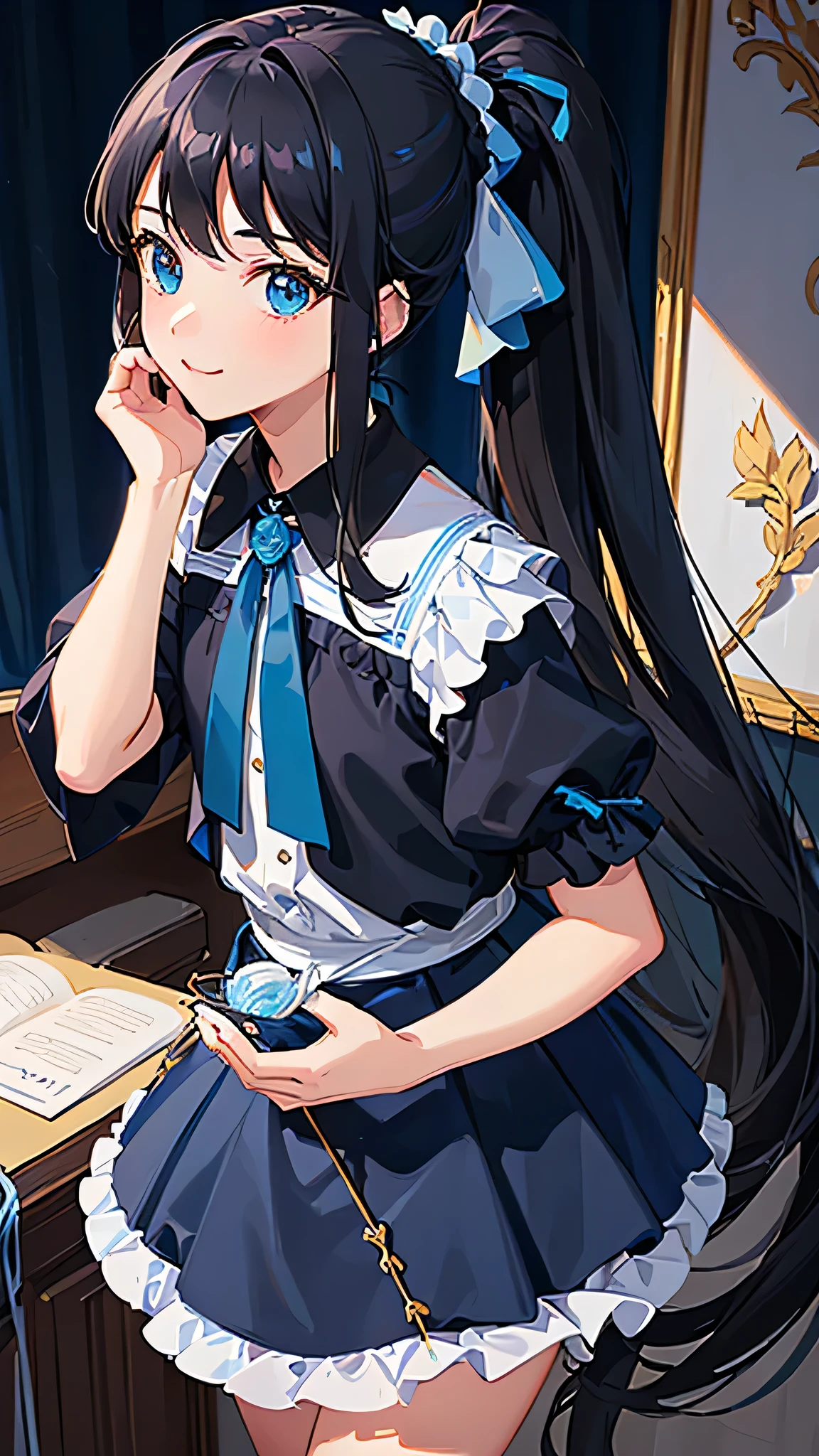 masterpiece, highest quality, High resolution, Very detailed, Detailed Background,(Fraurem Crom, (Black Hair, Semi-long hair, Blue ribbon in ponytail),(White blouse, Blue short ribbon tie, blue long skirt), small, Neat, Iris,study, A kind smile), Scale out, Chic study, vase