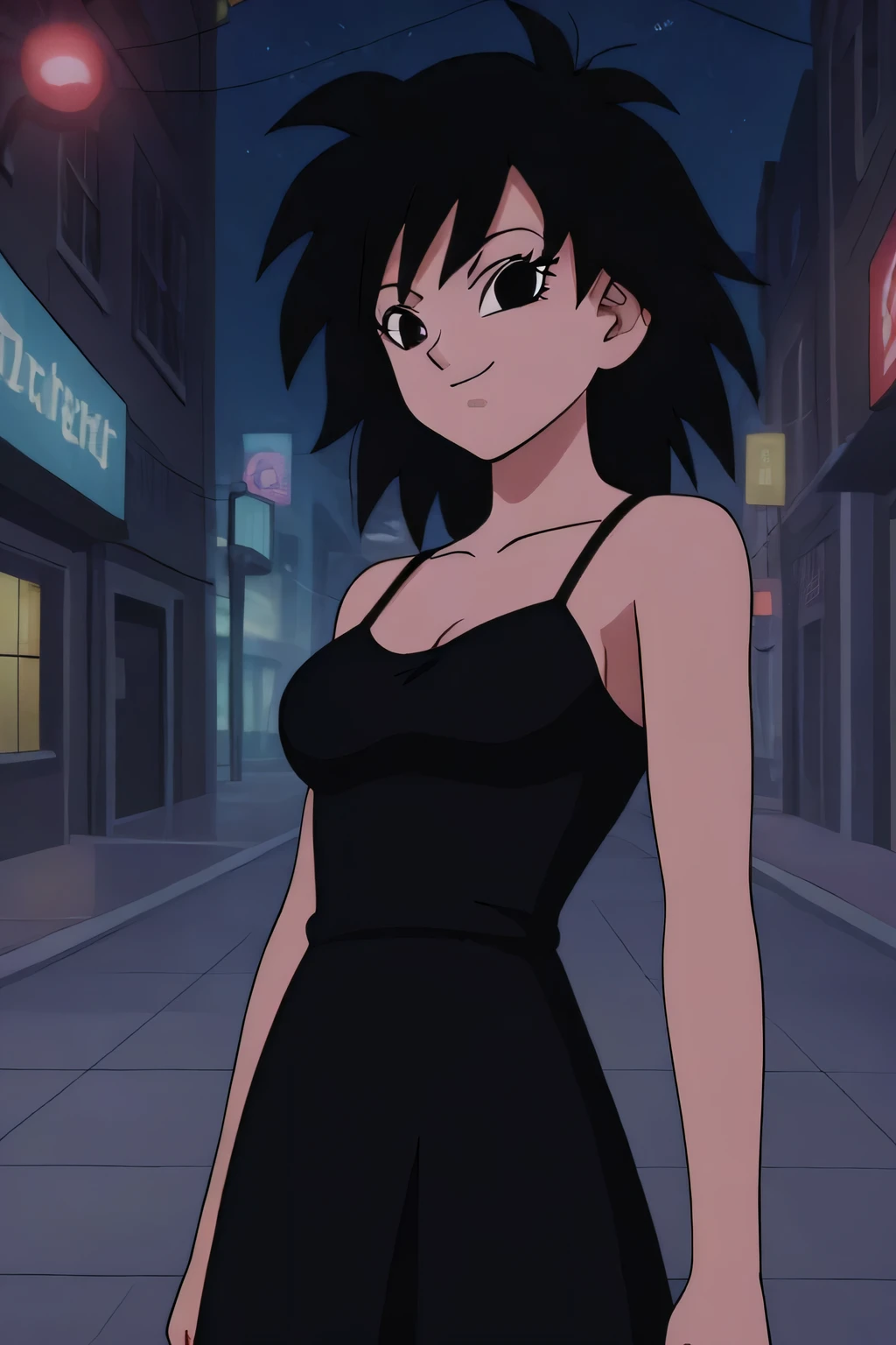 source_anime, score_9,score_8_up, score_7_up,  ginedb, anime screencap, 
1girl, solo, looking at viewer, smile, medium breasts, black hair, city, bare shoulders, medium breasts, smile, standing, cowboy shot, medium hair, black eyes, spiked hair, eyelashes, masterpiece, best quality, very aesthetic, absurdres, taut dress, spaghetti strap, black dress, sleeveless, night, street, standing, cowboy shot,
 