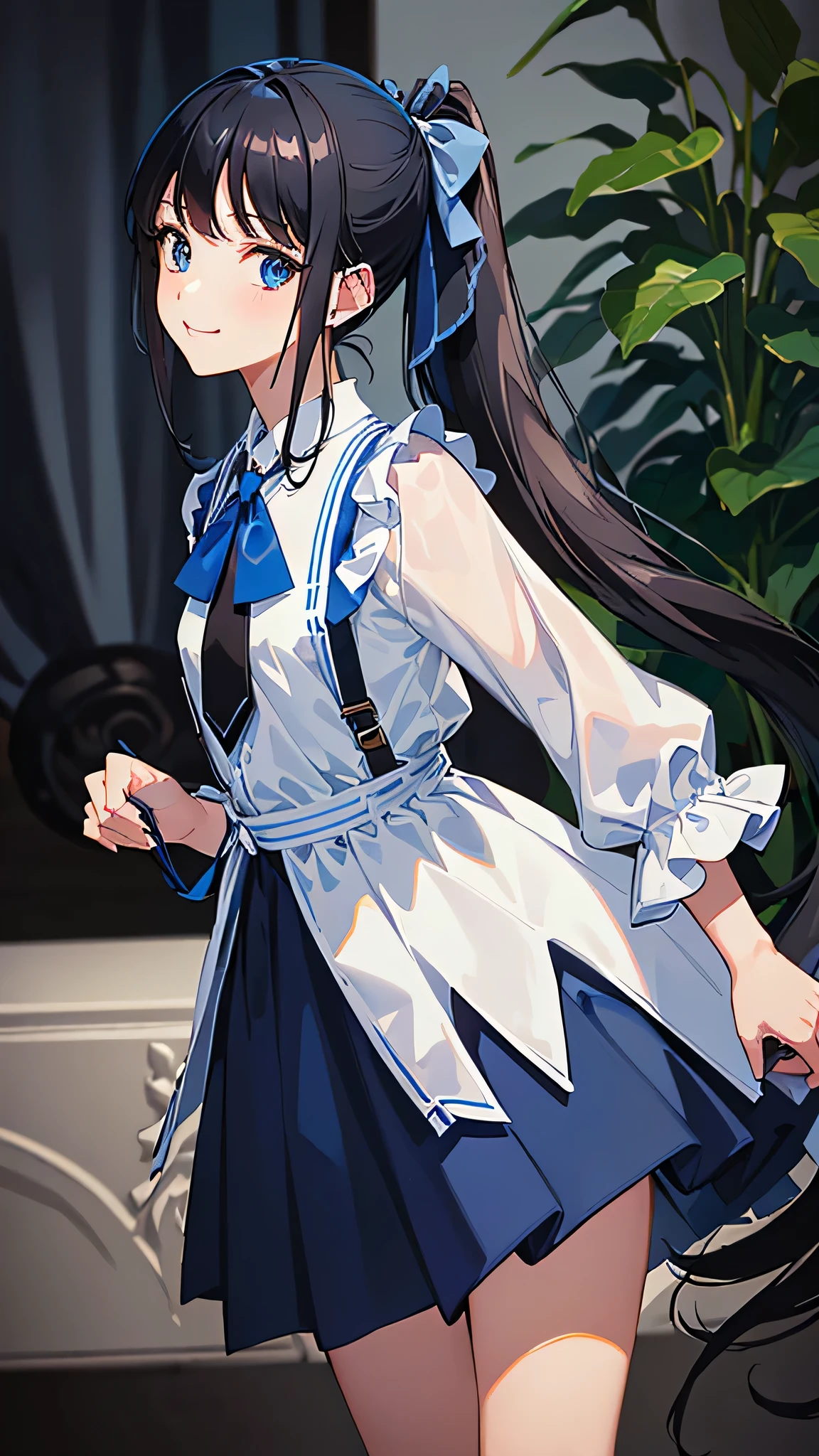 masterpiece, highest quality, High resolution, Very detailed, Detailed Background,(Fraurem Crom, (Black Hair, Semi-long hair, Blue ribbon in ponytail),(White blouse, Blue short ribbon tie, blue long skirt), small, Neat, Iris,study, A kind smile), Scale out, Chic study, vase