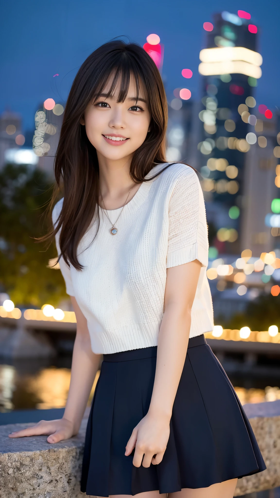 1 girl、(Looking at the audience)、(Bokeh:1.1)、Lips parted、Expressionless、Realistic、tights、skirt、Skyline、Realistic、アップskirt、skirtリフト、highest quality、masterpiece:1.3、超A high resolution、View from below:1.25 、Panties close up:1.35、Expression of a big laugh、The background is a night view、(Look Viewer:1.3)、(Beautiful Face:1.2)