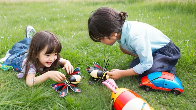 Children playing with beautiful beetles in the grassland、Children playing with beautiful beetles in the grassland、Colorful Mushiking