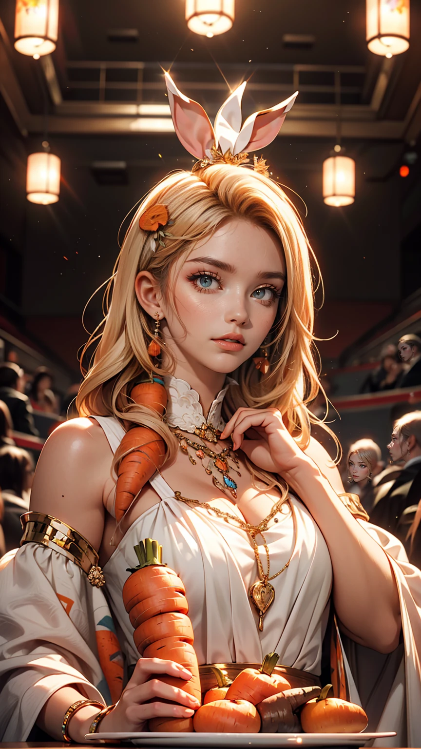 White woman、Multicolored Hair, Gradient Hair, carrot hair ornament, Mole under the eye, Amber Eyes, High detail, Verism, Hyperrealism, modern art, Cinema Lighting, Shine, Wide Shot, debt/1.2, highest quality, Awards, 8k, Super detailed, Ultra-high resolution