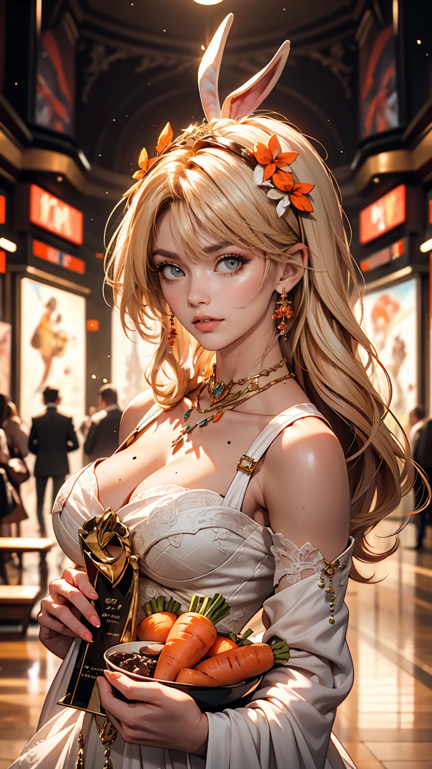 White woman、Multicolored Hair, Gradient Hair, carrot hair ornament, Mole under the eye, Amber Eyes, High detail, Verism, Hyperrealism, modern art, Cinema Lighting, Shine, Wide Shot, debt/1.2, highest quality, Awards, 8k, Super detailed, Ultra-high resolution