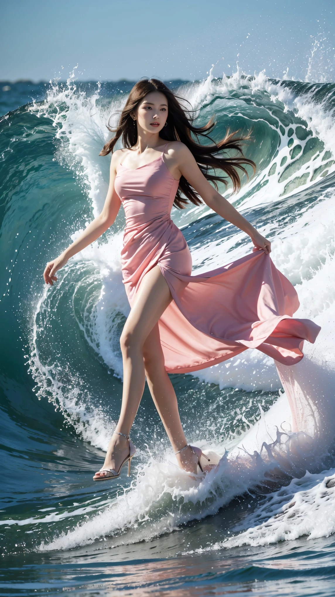 highest quality,masterpiece,Ultra-high resolution,(Actual:1.4),Original photo,Ultra-high resolution,8k,There are women,Fair skin,Exquisite makeup,Big waves,Pink Dress:1.5,,High heels,Long legs,Bright and beautiful,