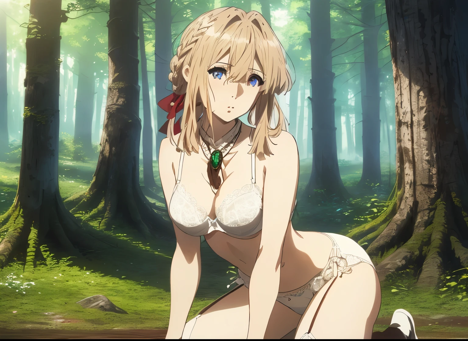 masterpiece,Highly detailed eyes,glowing eyes,Shine ,The most detailed face,Most detailed skin,The most detailed hair, Kyoto Animation,highest quality, High resolution, Anime Coloring,Violet Evergarden,kneeling ,(((Braiding, Hair Ribbon, Red ribbon, jewelry, brooch,  Brown gloves, ))),in the forest,(((White lace panties,white lace bra ))),