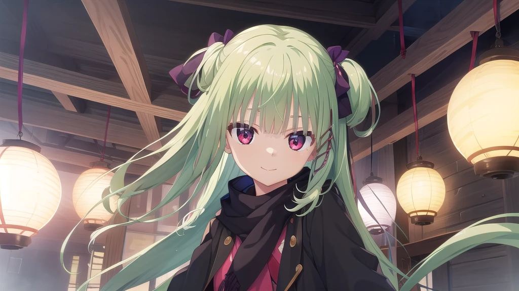 ((masterpiece)),(best quality),Official Art,Extremely detailed CG,Unity 8k Wallpaper,Super detailed,Beautiful and delicate eyes,Extremely detailed face,1 girl,solitary,,(whole body:1.5),(small:1.3),Smile,,Murasame,Very long hair,Green Hair,sides up,Purple bow,hairpin,Side Chain,Bangs,Red Eyes,Neck strap,Red belt,Aesthetic，Black coat，long black scarf，A few plums in the corner，Ling Han drove alone。Remote knowledge is not snow，For there is a dark incense to come。