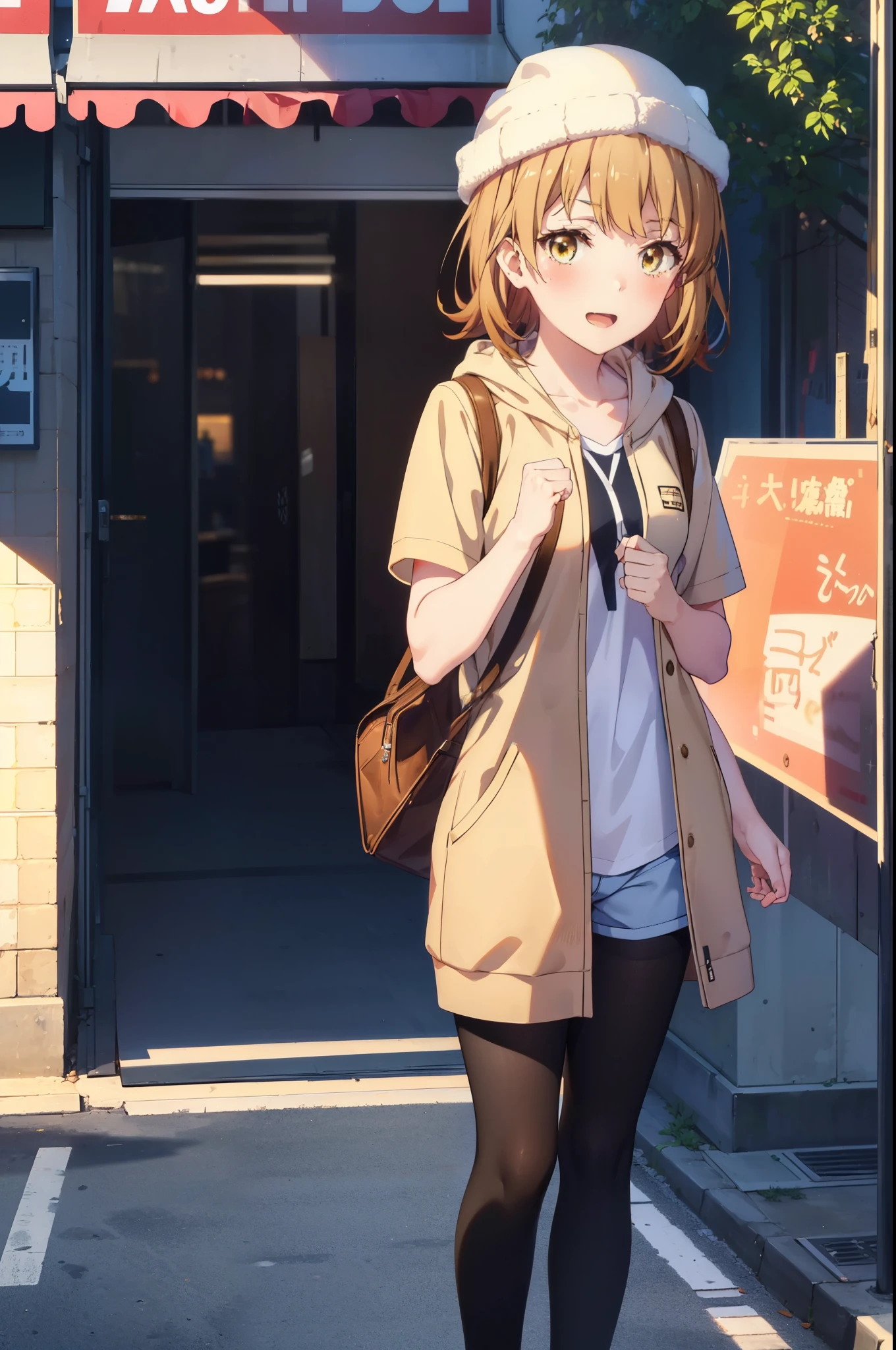 irohaisshiki, iroha isshiki, short hair, Brown Hair, (Brown eyes:1.5), happy smile, smile, Open your mouth,blush,Applejack Hat,Black hoodie,Short sleeve,The front is free,Shorts,black tights,short boots,Looking down from above,whole bodyがイラストに入るように,Daytime,Clear skies,
break looking at viewer,whole body,
break outdoors, In town,Building district,
break (masterpiece:1.2), highest quality, High resolution, unity 8k wallpaper, (shape:0.8), (Beautiful and beautiful eyes:1.6), Highly detailed face, Perfect lighting, Highly detailed CG, (Perfect hands, Perfect Anatomy),
