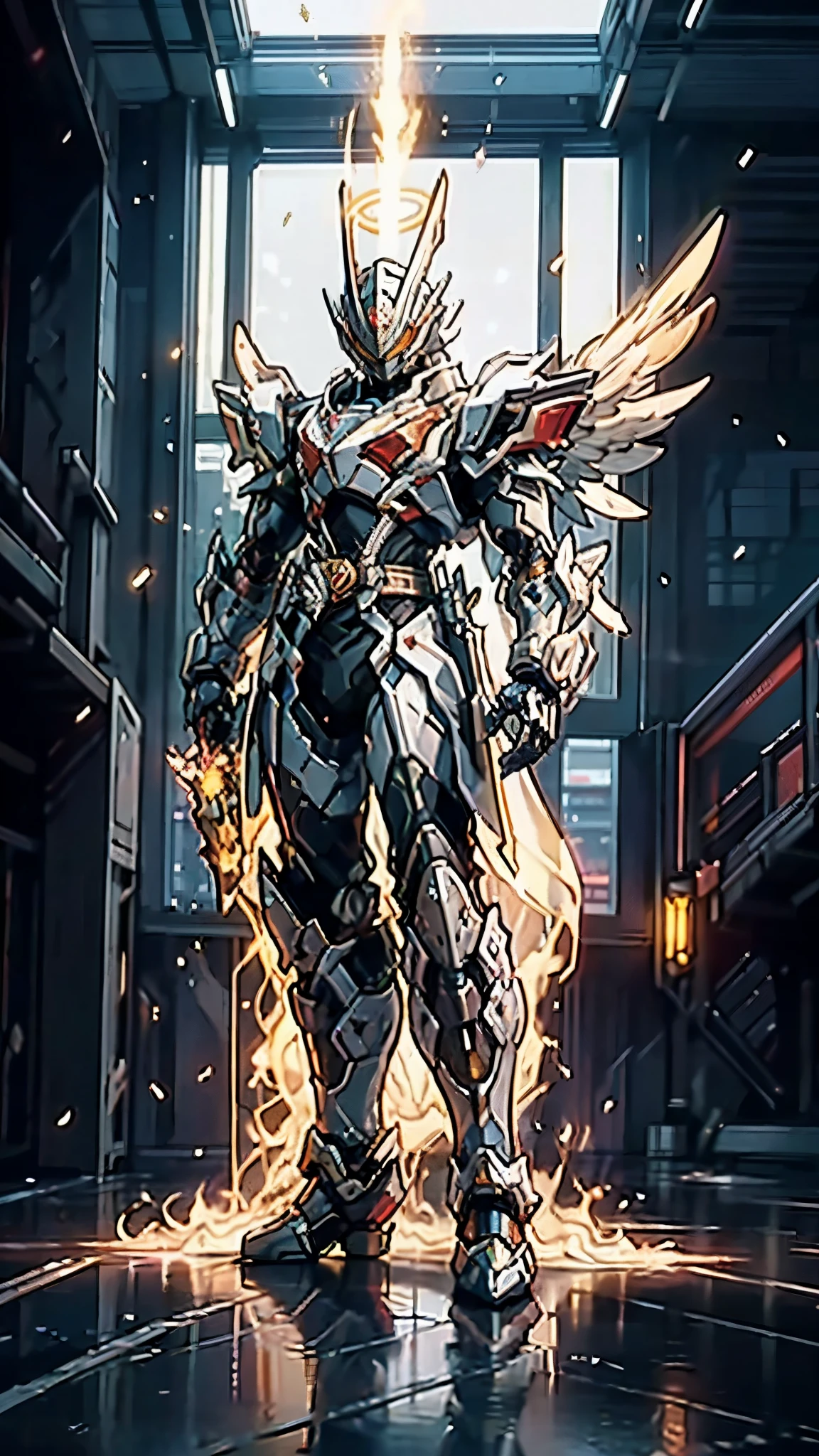 A man wearing a full-face helmet, a fantasy-style biotech armored combat suit, green eyes, (a composite layered chest armor), fully enclosed shoulder guards, matching arm and leg guards, the belt is adorned with Halo, (the color scheme is primarily white with red and blue accents), the design balances heavy with agility, a high-tech bio-mecha armor, (Armor Concept Inspired by Angel, stand on the top of a skyscraper in a futuristic sci-fi city), this character embodies a finely crafted fantasy-surreal style armored hero in anime style, exquisite and mature manga art style, (battle damage, element, plasma, energy, the armor glows), ((male:1.5)), metallic, real texture material, dramatic, high definition, best quality, highres, ultra-detailed, ultra-fine painting, extremely delicate, professional, perfect body proportions, golden ratio, anatomically correct, symmetrical face, extremely detailed eyes and face, high quality eyes, creativity, RAW photo, UHD, 32k, Natural light, cinematic lighting, masterpiece-anatomy-perfect, masterpiece:1.5
