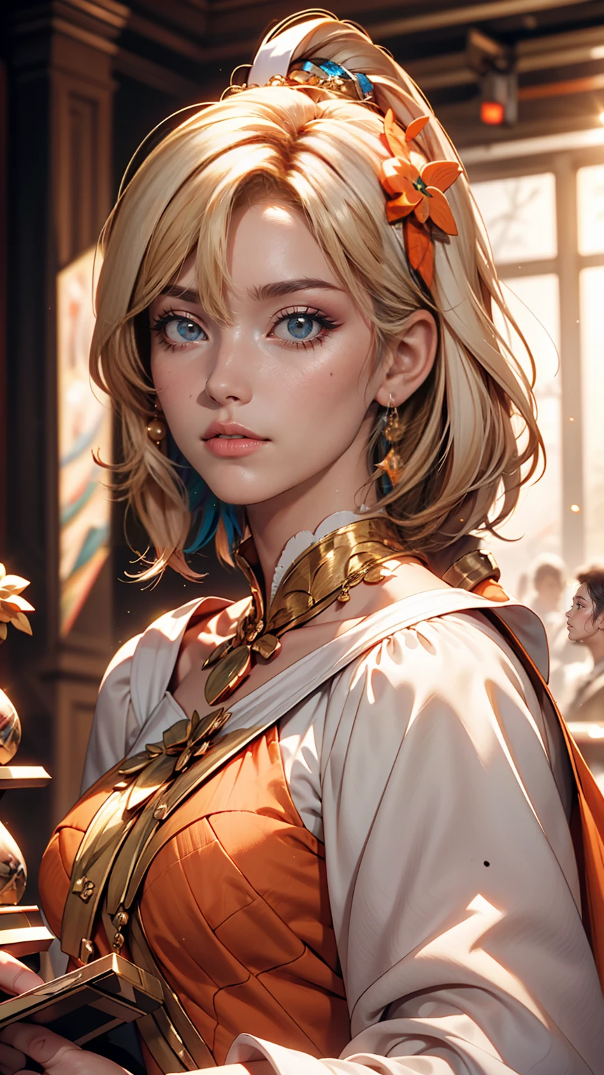 White woman、Multicolored Hair, Gradient Hair, carrot hair ornament, Mole under the eye, Amber Eyes, High detail, Verism, Hyperrealism, modern art, Cinema Lighting, Shine, Wide Shot, debt/1.2, highest quality, Awards, 8k, Super detailed, Ultra-high resolution