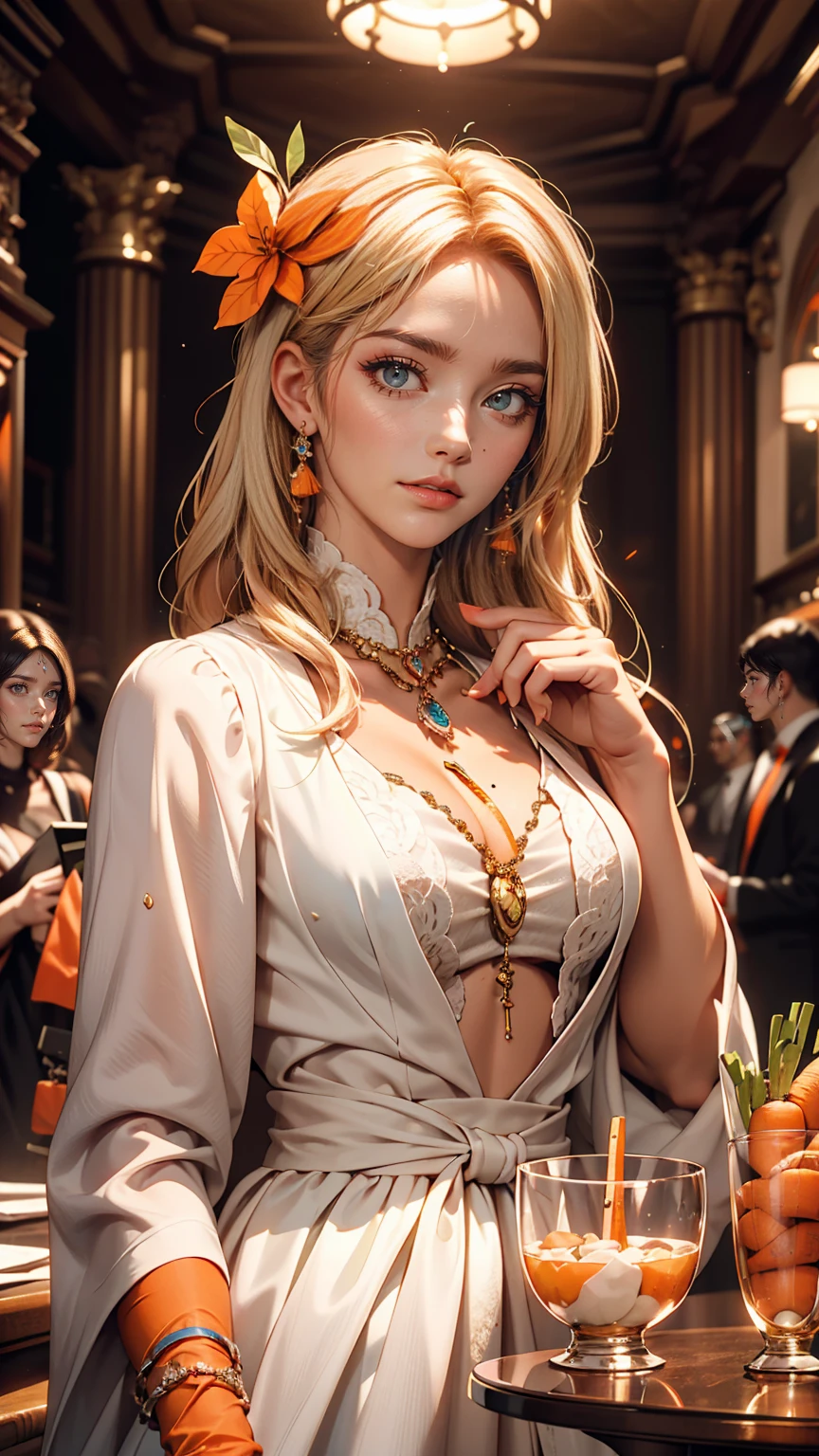 White woman、Multicolored Hair, Gradient Hair, carrot hair ornament, Mole under the eye, Amber Eyes, High detail, Verism, Hyperrealism, modern art, Cinema Lighting, Shine, Wide Shot, debt/1.2, highest quality, Awards, 8k, Super detailed, Ultra-high resolution