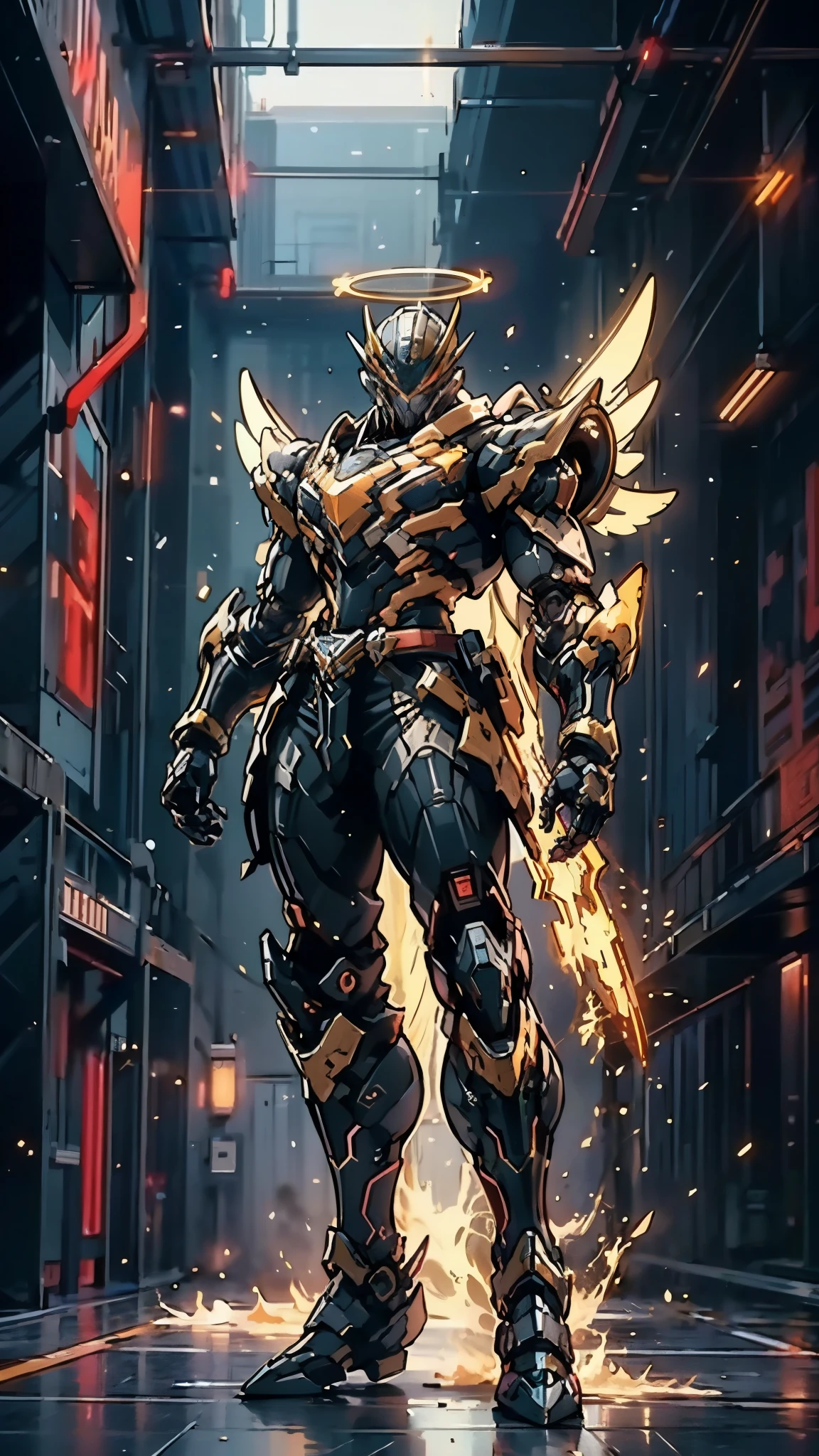 A man wearing a full-face helmet, a fantasy-style biotech armored combat suit, green eyes, (a composite layered chest armor), fully enclosed shoulder guards, matching arm and leg guards, the belt is adorned with Halo, (the color scheme is primarily white with red and blue accents), the design balances heavy with agility, a high-tech bio-mecha armor, (Armor Concept Inspired by Angel, stand on the top of a skyscraper in a futuristic sci-fi city), this character embodies a finely crafted fantasy-surreal style armored hero in anime style, exquisite and mature manga art style, (battle damage, element, plasma, energy, the armor glows), ((male:1.5)), metallic, real texture material, dramatic, high definition, best quality, highres, ultra-detailed, ultra-fine painting, extremely delicate, professional, perfect body proportions, golden ratio, anatomically correct, symmetrical face, extremely detailed eyes and face, high quality eyes, creativity, RAW photo, UHD, 32k, Natural light, cinematic lighting, masterpiece-anatomy-perfect, masterpiece:1.5