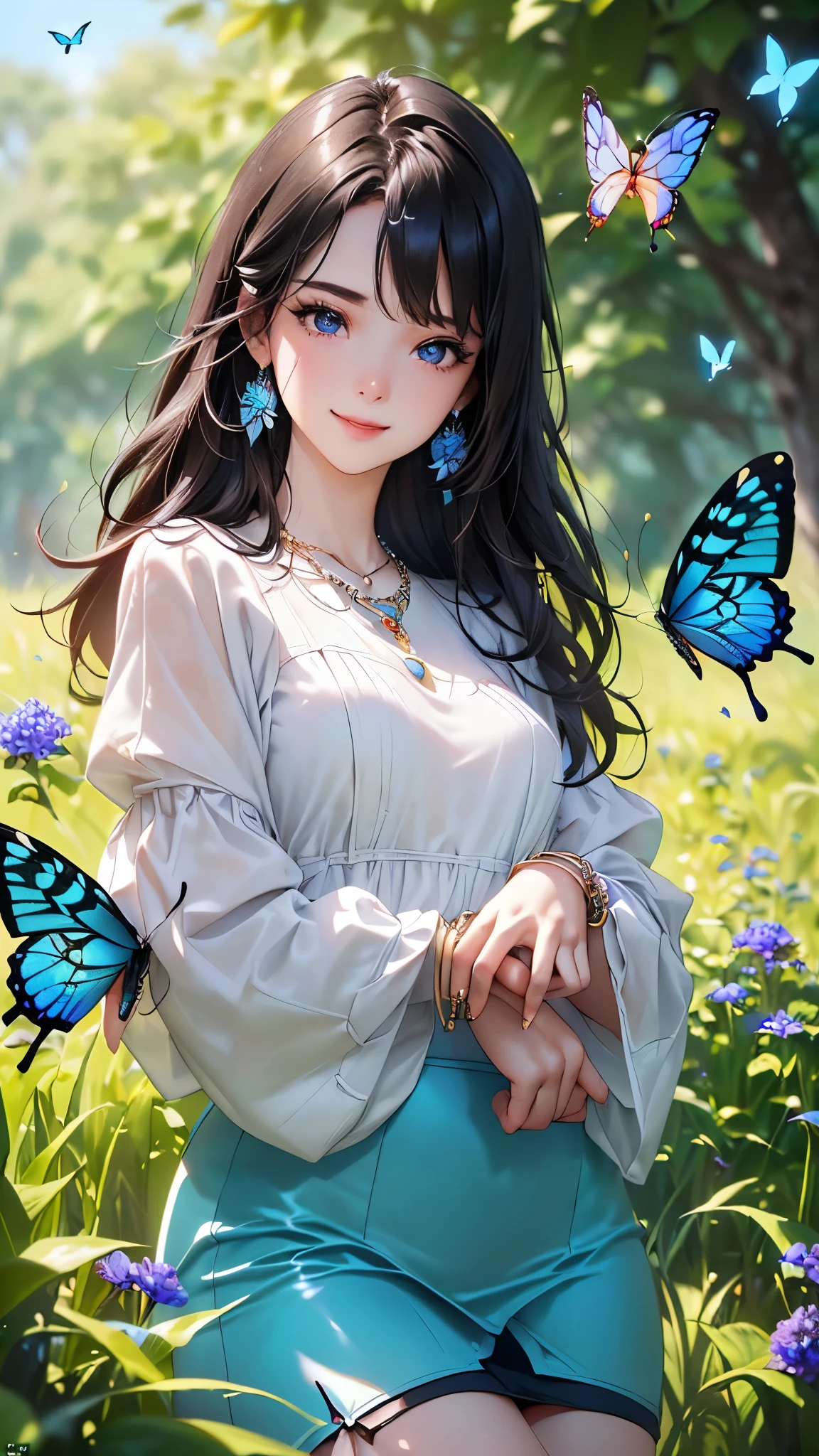 ((Biologically correct limb count))、((Full Body Shot, Full-body photo including face、Head to toe photos))、4K、masterpiece、((Focus on the face))、((Symmetrical facial features))、Eyes of meticulous depiction、Beautiful woman、Excellent style、Beautiful feet、(Black Stockings、High heels with anklets）、Detailed depiction of the face、Small earrings、necklace、((Close-up photo of the upper body))、(Latex shirts、Latex skirt）、Scenery of a park with seasonal blue flowers in full bloom、Low - Angle、(smile)、((A large number of colorful butterflies fly around))、