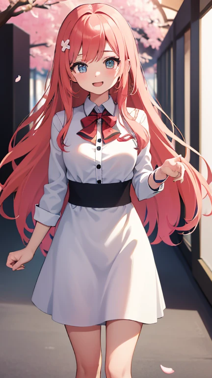 (highres,masterpiece:1.2),one girl,anime style,cute facial features,bright anime eyes,long,flowing hair,high ,a confident and cheerful expression,engaged in a lively conversation with friends in a vibrant school hallway,vivid colors,playful background elements,soft and warm lighting,surrounded by cherry blossom petals,smiling and enjoying the beautiful day.
