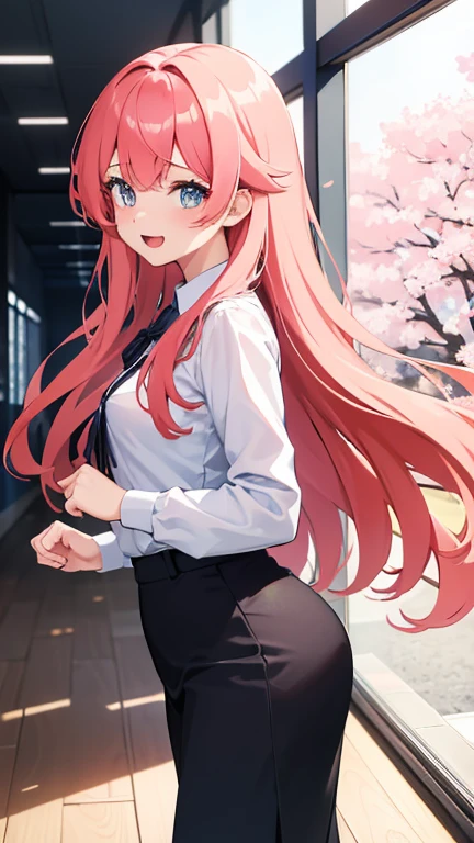 (highres,masterpiece:1.2),one girl,anime style,cute facial features,bright anime eyes,long,flowing hair,high ,a confident and cheerful expression,engaged in a lively conversation with friends in a vibrant school hallway,vivid colors,playful background elements,soft and warm lighting,surrounded by cherry blossom petals,smiling and enjoying the beautiful day.