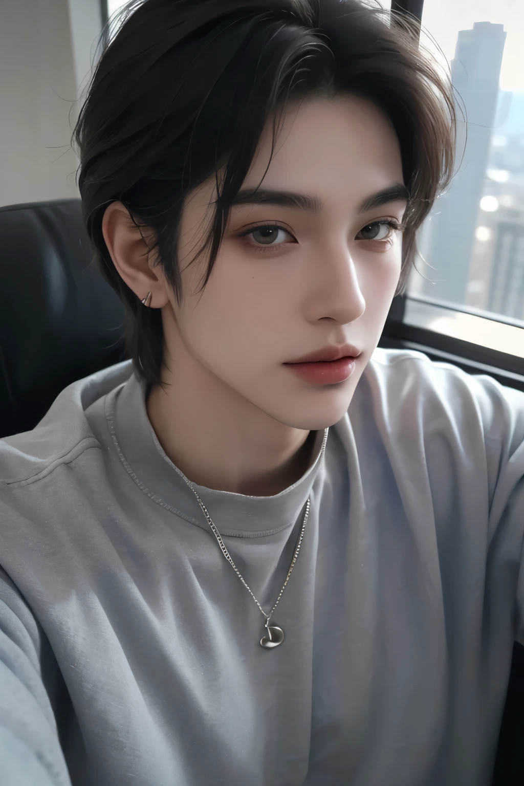 ((highest quality, 8K, masterpiece: 1.3)), Instagram selfie pictures、Handsome boy in street fashion:1.5, 17-year-old、Delinquent boy、 well-groomed face, black hair color、thin face、（white skin:1.5）、whole body、（beckoning:2.0）、dark eyes、Super handsome、sexy eyes、Extra-fine face, handsome nose, small eyes and face, beautiful lighting, High resolution, detailed mouth, smile, whole body: 1.5, perfect body shape、super slim，medium hair、STUSSY clothes、silver accessories、Oversized clothes、