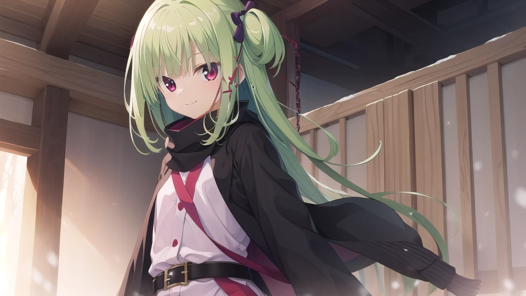 ((masterpiece)),(best quality),Official Art,Extremely detailed CG,Unity 8k Wallpaper,Super detailed,Beautiful and delicate eyes,Extremely detailed face,1 girl,solitary,,(whole body:1.5),(small:1.3),Smile,,Murasame,Very long hair,Green Hair,sides up,Purple bow,hairpin,Side Chain,Bangs,Red Eyes,Neck strap,Red belt,Aesthetic，Black coat，long black scarf，A few plums in the corner，Ling Han drove alone。Remote knowledge is not snow，For there is a dark incense to come。