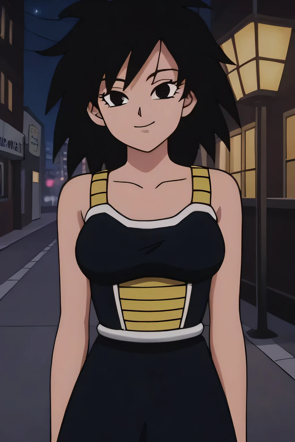 source_anime, score_9,score_8_up, score_7_up, ginedb, anime screencap,
1girl, solo, looking at viewer, smile, medium breasts, black hair, city, bare shoulders, medium breasts, smile, standing, cowboy shot, medium hair, black eyes, spiked hair, eyelashes, masterpiece, best quality, very aesthetic, absurdres, taut dress, spaghetti strap, black dress, sleeveless, night, street, standing near a wall, cowboy shot,