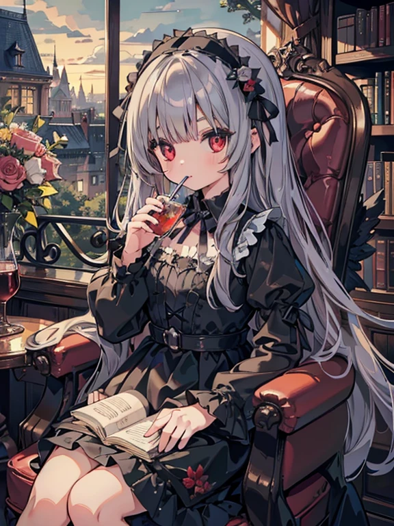 masterpiece, highest quality, Very detailed, 16k, Ultra-high resolution, Cowboy Shot, One 8-year-old girl, Detailed face, Perfect Fingers, sui1,Mercury lamp. Red eyes, Long Hair, Gothic Dress, Gray Hair, Floral Hair Ornament, Long sleeve, Gothic Headband, ribbon, Black Dress, Black wings, Western-style building, libraryai, Luxurious chair, drink tea