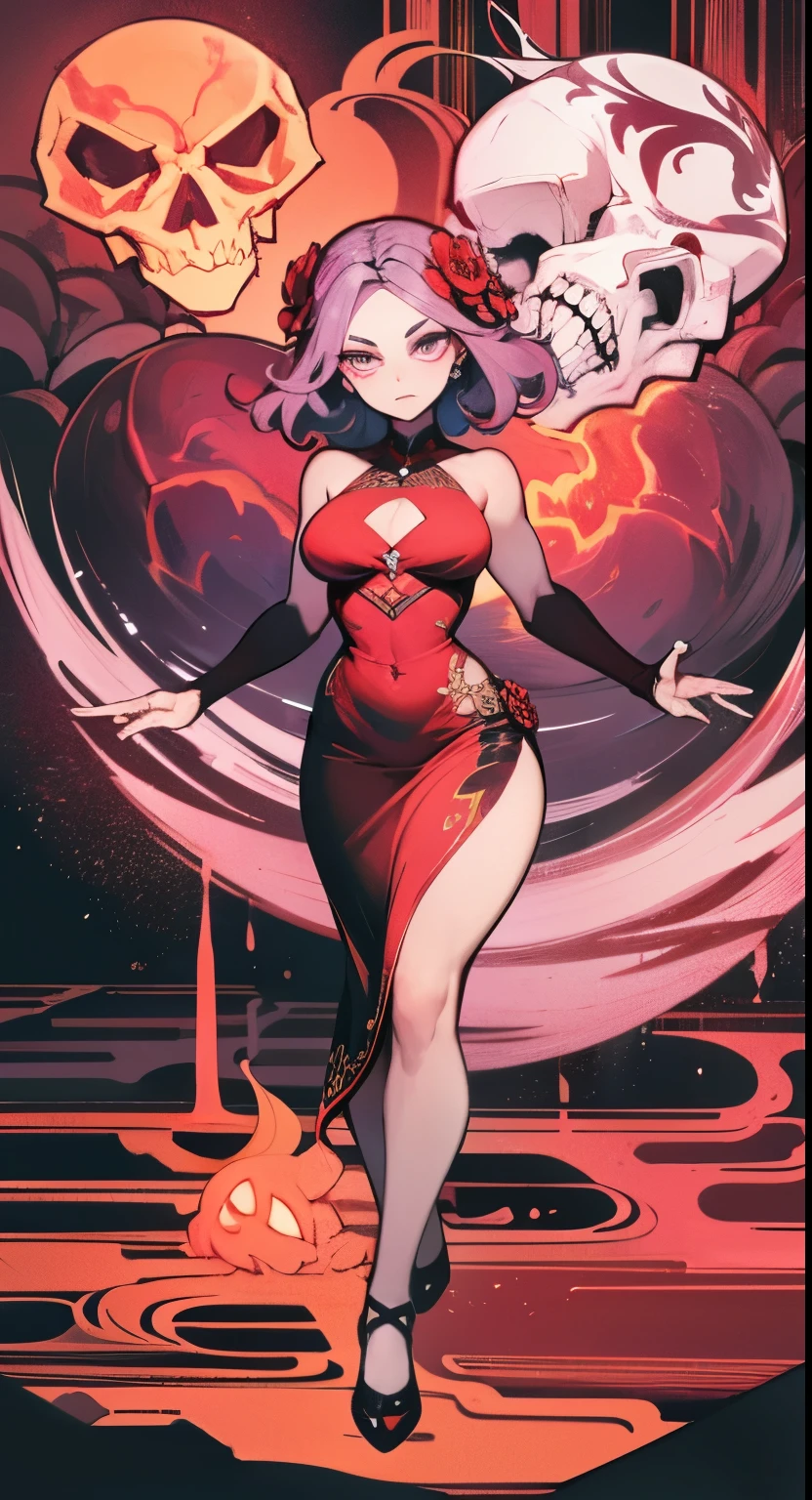 Woman body set large breasts(best quality, highres, ice skull:1.1), A girl with a body made of lava, featuring a Dracula Orchid pattern. (best quality, ultra-detailed), (realistic), vibrant colors, intense lighting, lava-like texture, hauntingly beautiful composition, surreal atmosphere, contrasting dark shadows, mesmerizing glow, detailed facial features, flowing lava tendrils, fiery eyes, ethereal presence, intricate floral patterns, mysterious aura."